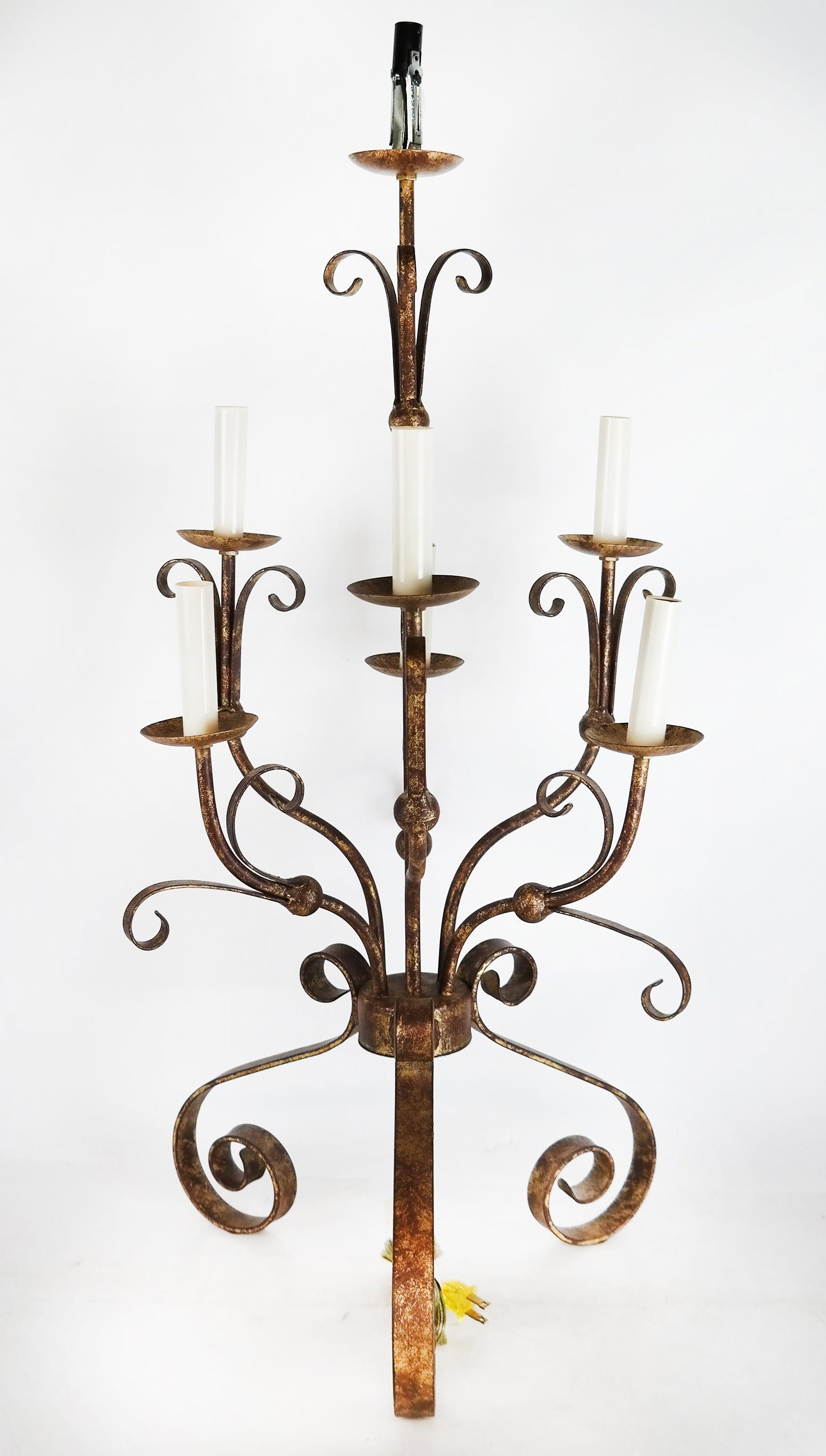 Gilt Metal Industrial / Gothic Candelabra: Gilt metal industrial / gothic electrified candelabra. [33 1/2" H x 13 1/2" W x 13 1/2" D]. Gilt wear; not tested.