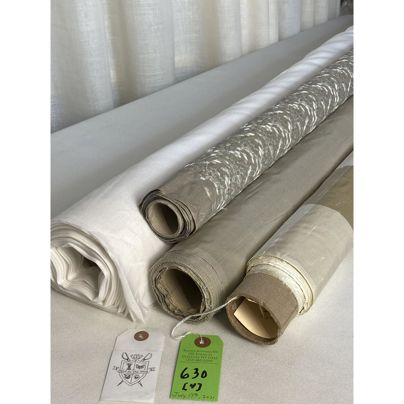 Cowtan & Tout, Colefax, Highland & Sheer Fabrics: 1) 8 yards of Cowtan & Tout's 100% silk plaid, made in India, 53" wide. Design repeats of 8 1/2" vertical by 8 3/4" horizontal, in 3 shades of beige and off-white. 2) 13 yards of Colefax & Fowler's 10
