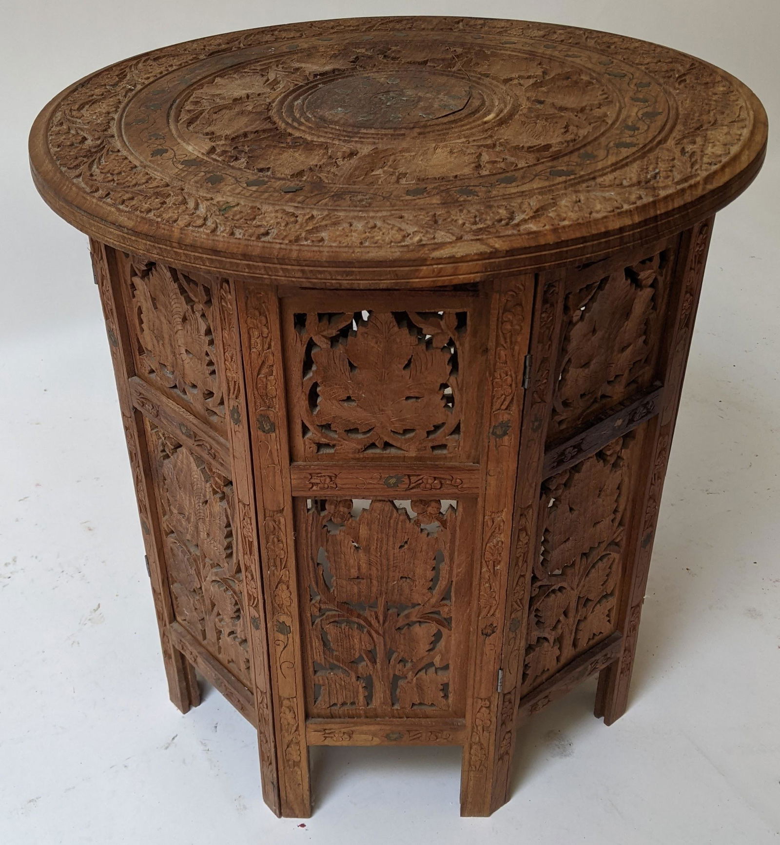 Asian Carved Wood & Brass Inlaid Side Table (1 of 10)