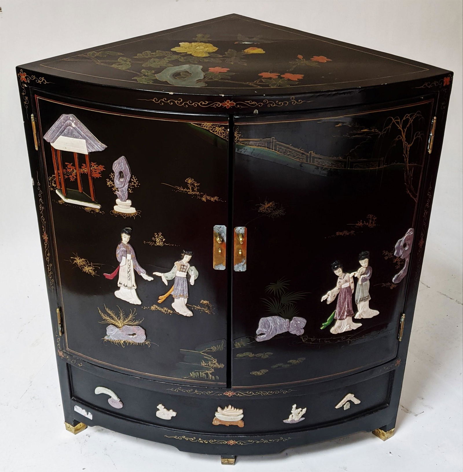Chinese Lacquered Hardstone Corner Cabinet (1 of 11)