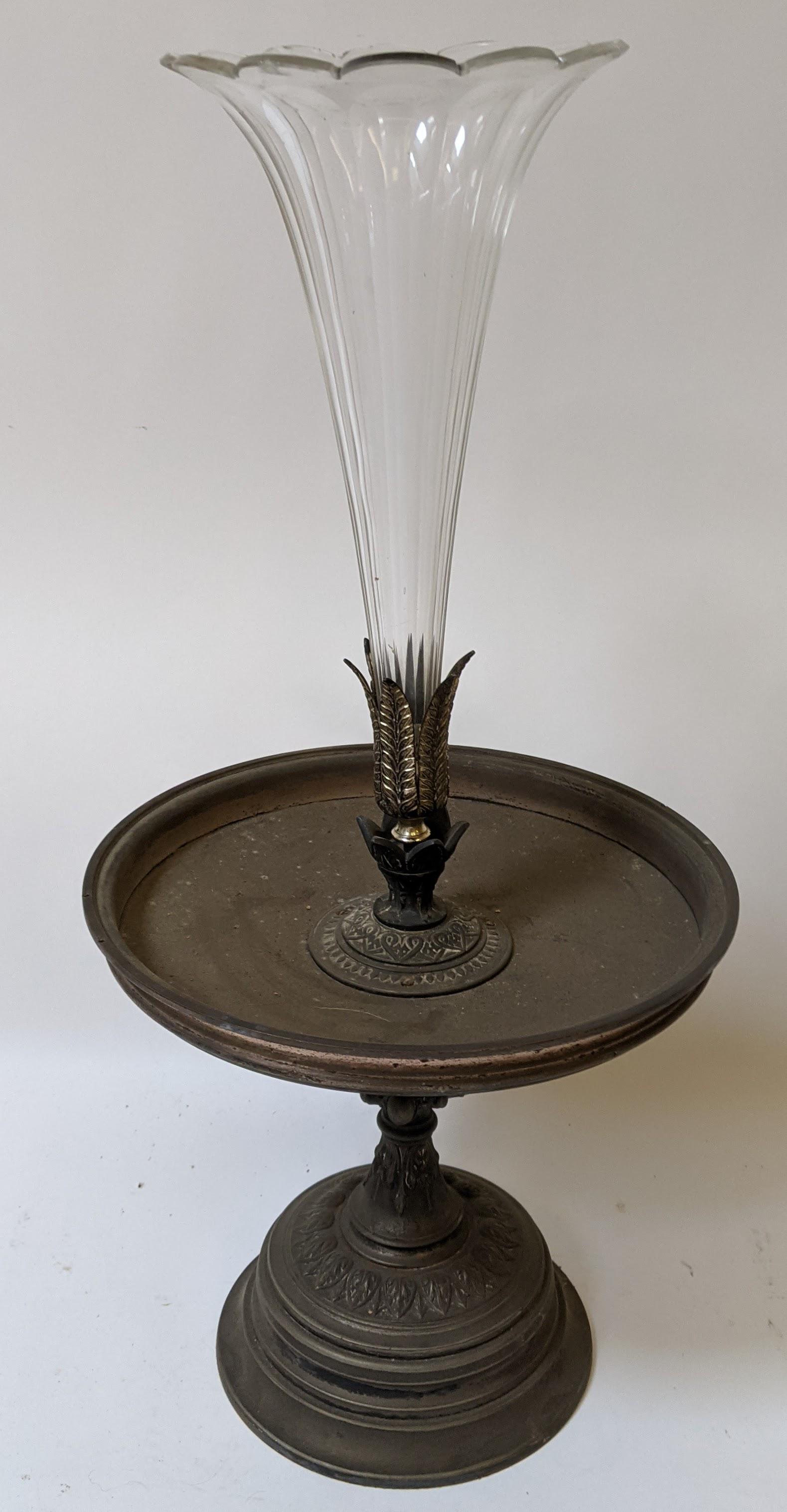 Silver Plated Centerpiece, Crystal Insert: Silver plated centerpiece with crystal insert compote. [26" H x 12 1/2" W]. Chips to crystal; wear to base; missing elements.