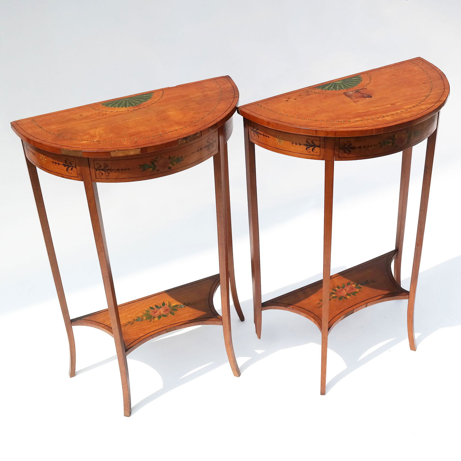 Pair Satinwood Painted Demilune Console Tables (1 of 7)