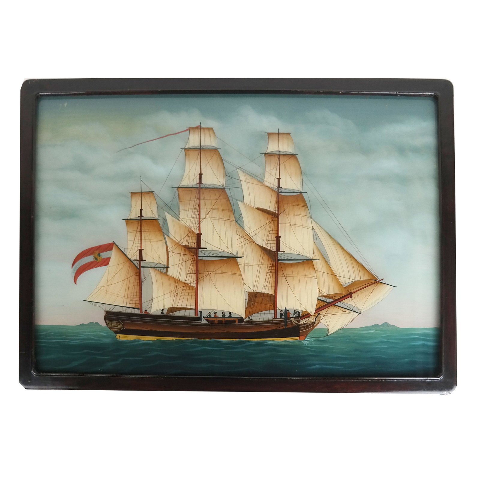 Chinese Reverse Painting on Glass of European Ship: Chinese reverse painting on glass of a European ship. [16 1/4" H x 24 1/2" W; Frame: 19 1/2" H x 28" W]. In good condition.