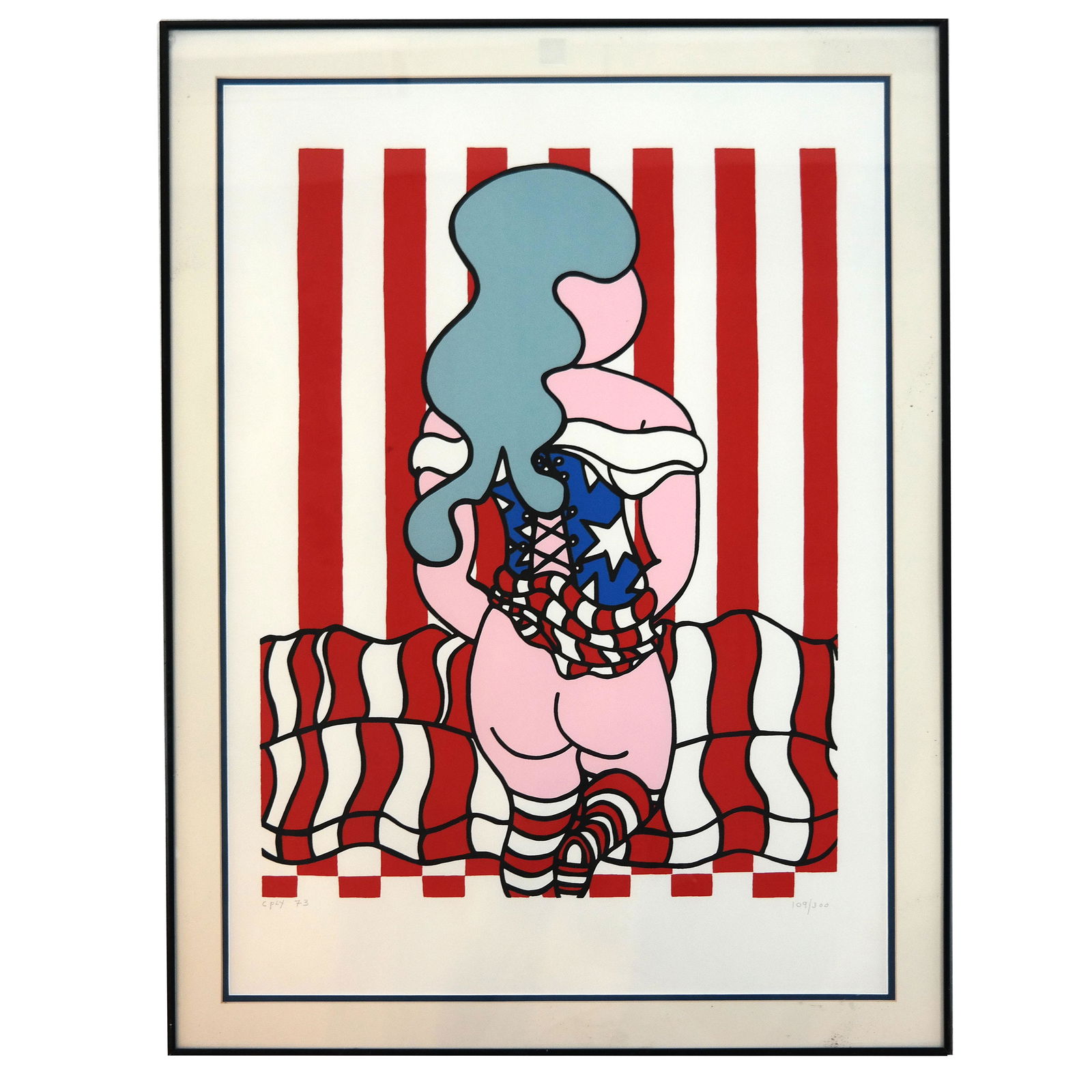 William Nelson COPLEY: American Girl - Serigraph: William Nelson Copley (American, 1919-1996) untitled nude (American Flag) serigraph, signed lower left, dated '73, numbered 109/300. [Sight: 26" H x 19 1/2" W; Frame: 30 1/4" H x 23" W]. In good condi