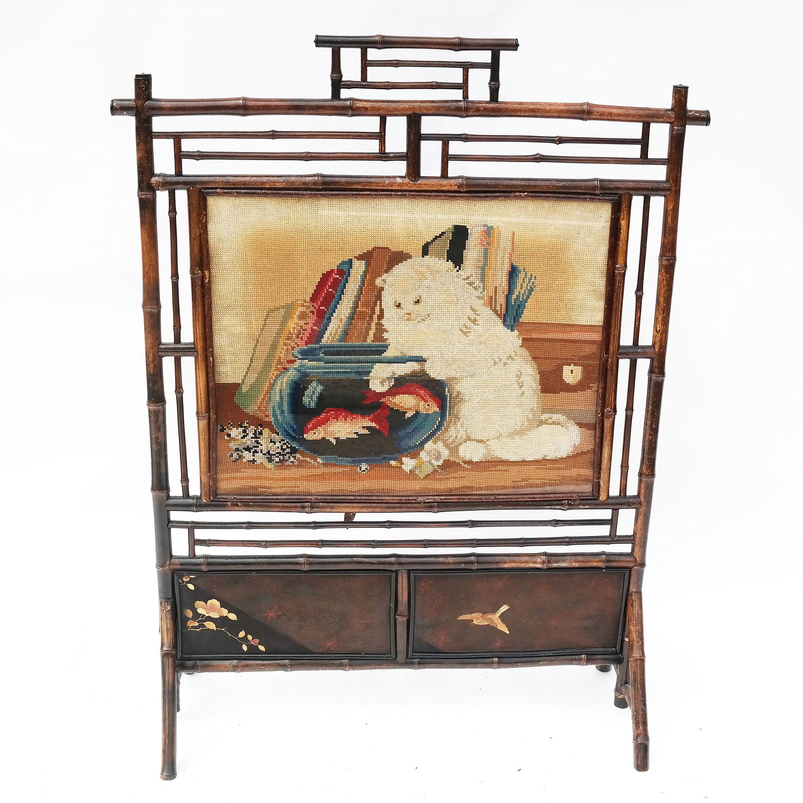 Bamboo Fire Screen with Needlepoint Inset (1 of 5)