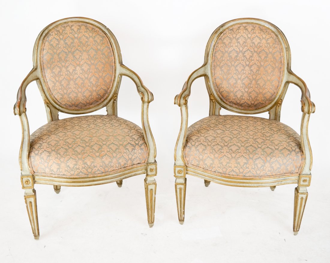 Pair of Louis XVI-Style Gilt & Painted Arm Chairs (1 of 4)