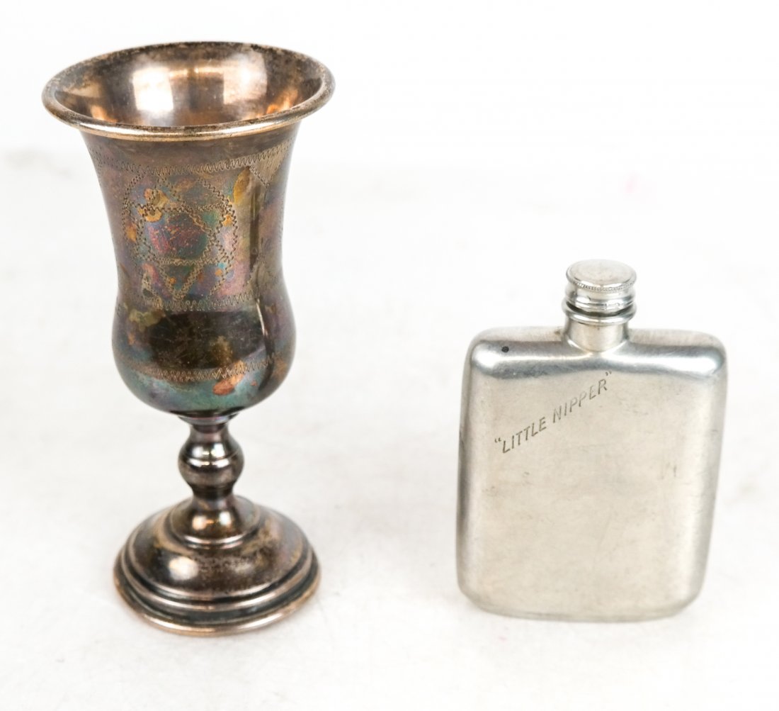Abercrombie & Fitch Flask and Kiddish Cup: A & F flask is silver plated, together with an unmarked Kiddish cup.
