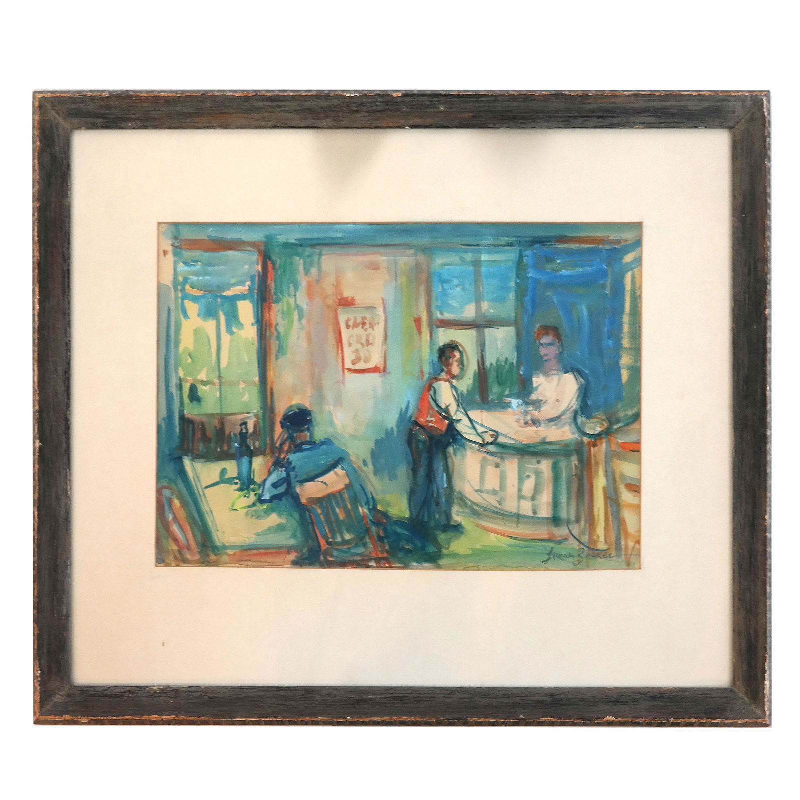 Jacques ZUCKER: Cafe Scene - W/C Painting: Watercolor painting of a cafe scene, signed lower right. [Sight: 12" H x 17" W; Frame: 22" H x 26" W]. In good condition.