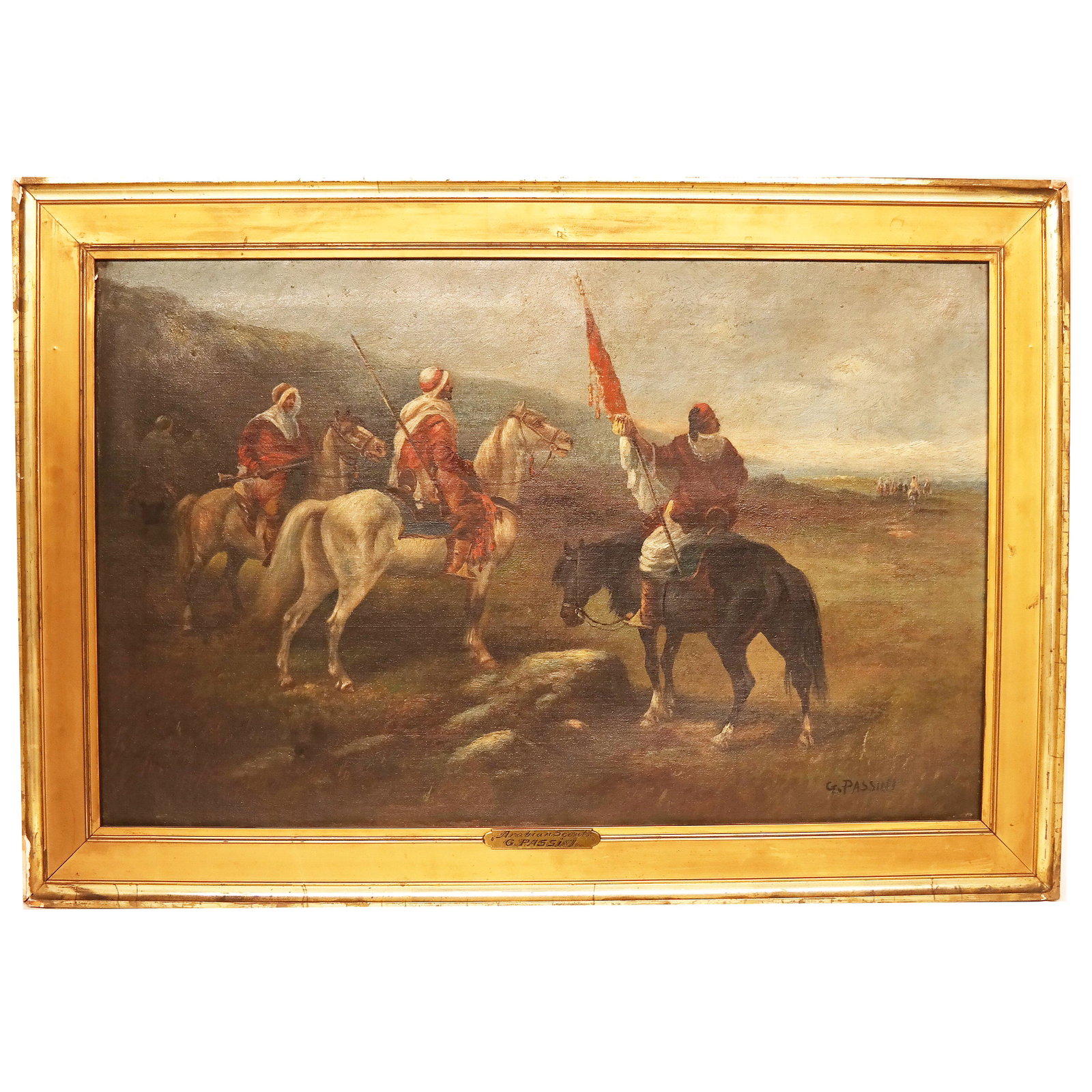 G. PASSINI: "Arabian Scouts" - Oil Painting: Orientalist-style oil on canvas titled "Arabian Scouts", pursuant to a brass plaque on the frame, signed lower right "G. Passini". [Art: 18" H x 28" W; Frame: 22 1/2" H x 33" W]. In good condition.