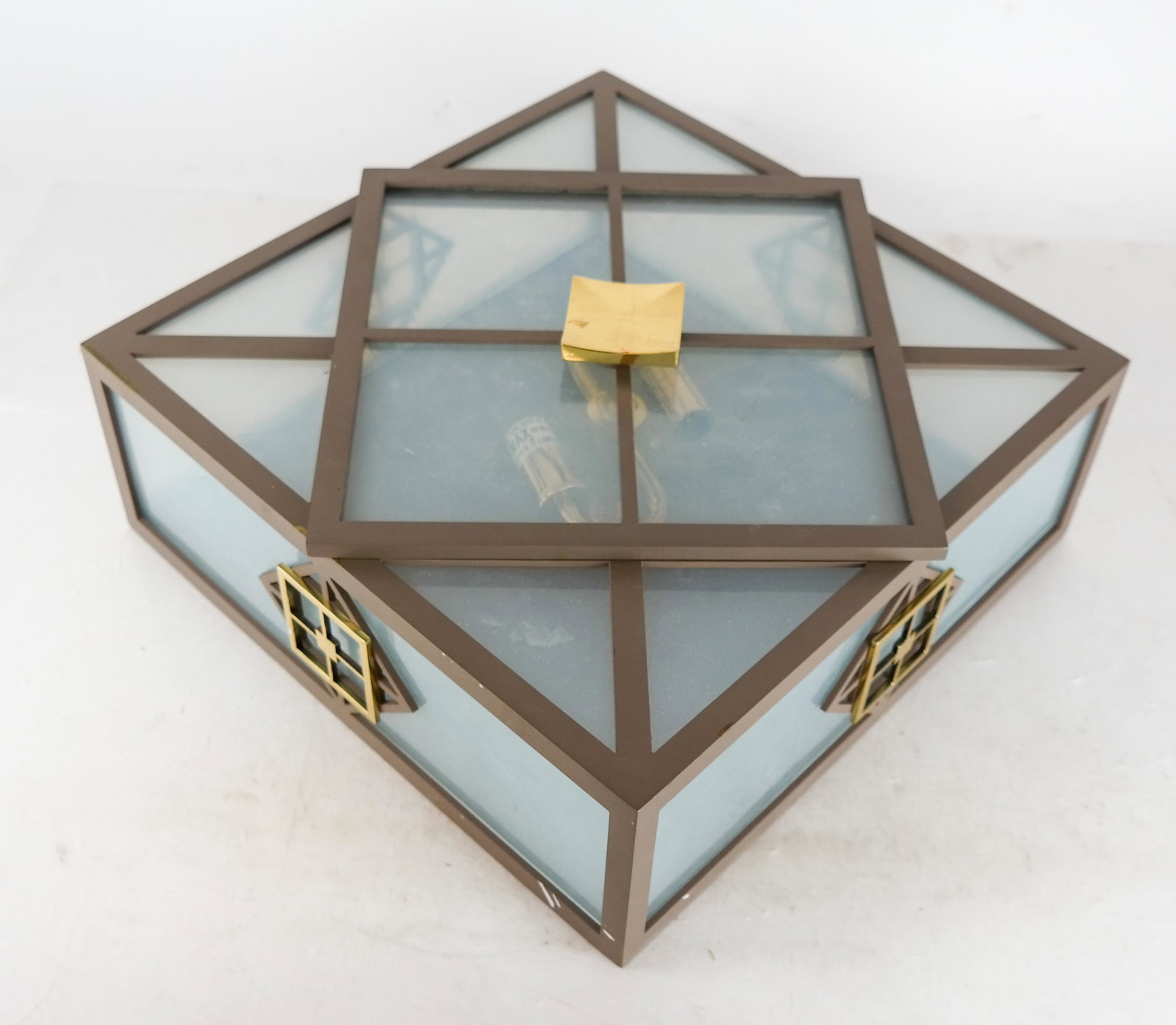 Mid-Century-Style Ceiling Fixture: Ceiling fixture in geometric and square design, with light shaded glass panels. [5" H x 13 1/2" W x 13 1/2" D].