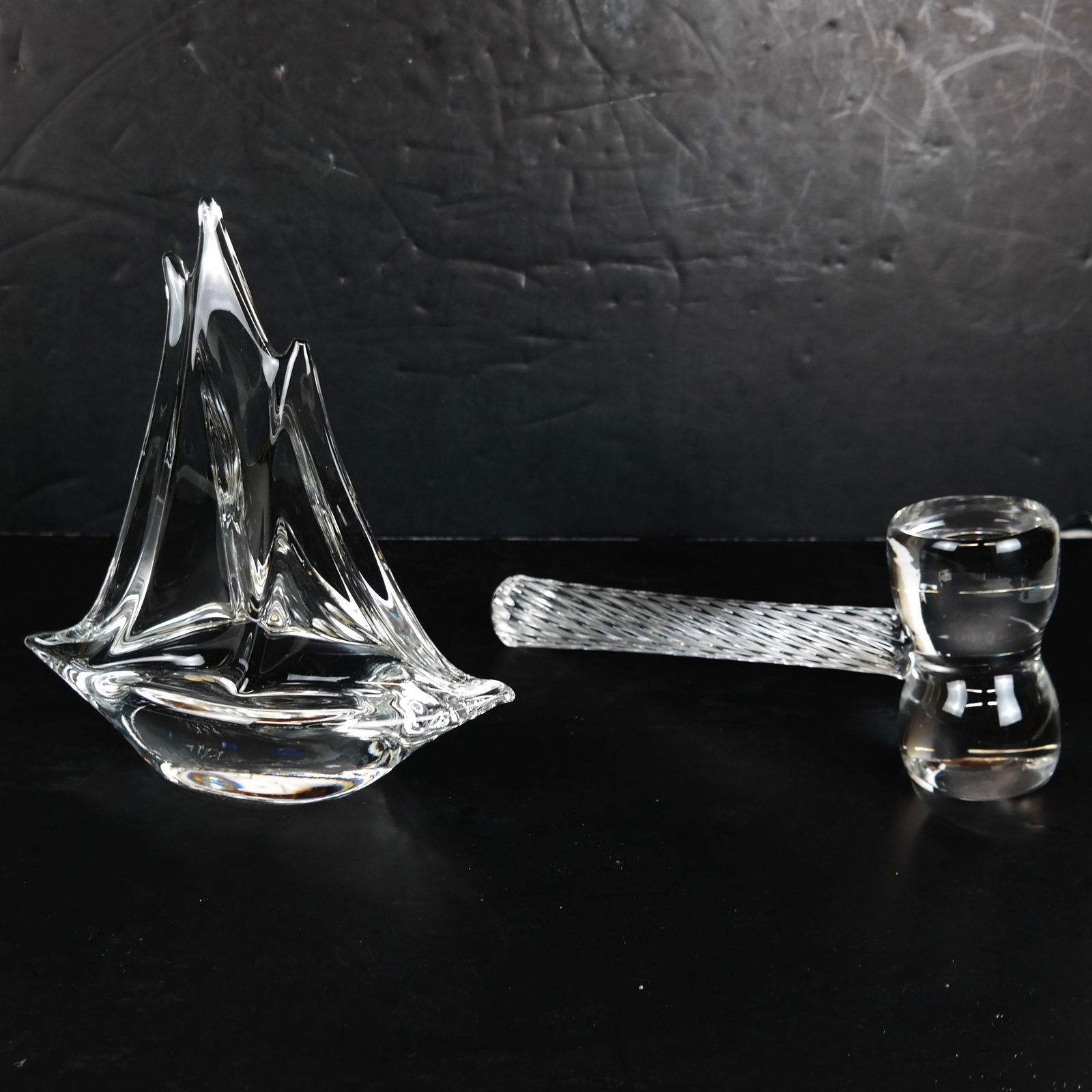 Daum Sailboat and Val St. Lambert Gavel: Daum sailboat [8" H] and Val St. Lambert gavel [9" L]. Both in excellent conditiion.