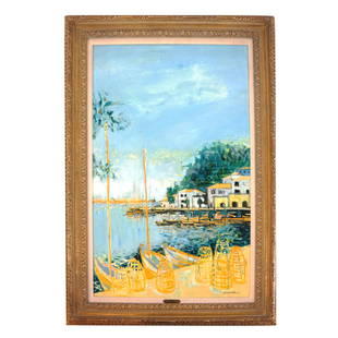 Michel HENRY: Harbor Scene: Oil Painting: Oil on canvas painting of a harbor scene, by Michel Henry (French, 1928-2016), in an Impressionist style. [Art: 36" H x 24" W; Frame: 44" H x 31' W]. In good condition; frame with chips.