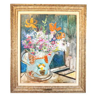 Eric ISENBURGER: Watering Can & Flowers - Painting: Oil on masonite painting of a blue watering can with flowers, signed lower right "Isenburger" (American, 1902-1994), titled, signed and dated 1977 verso. [Art: 32" H x 26" W; Frame: 41" H x 36 1/4" W]