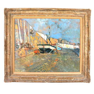 Eric ISENBURGER: Boats in a Harbor - Painting: Oil on canvas painting of boats in a harbor, signed lower left "Isenburger" (American, 1902-1994). [Art: 24" H x 29" W; Frame: 32" H x 37" W]. In good condition.