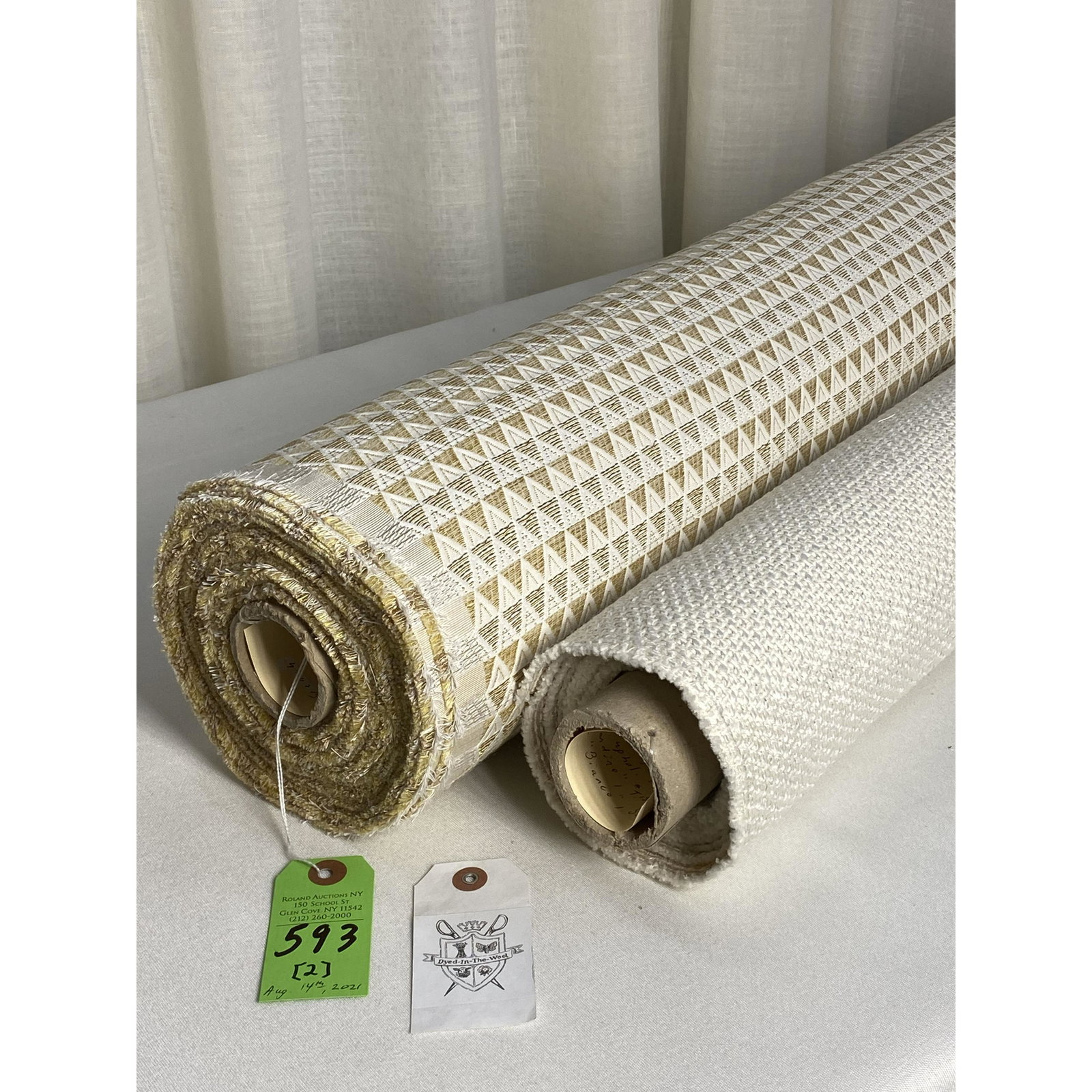French Silk Blended Jacquard and Dedar Fabrics: 1) 20 yards of Lelievre's silk and synthetic blended triangular geometric in golds on ivory, 57" wide. The golden yarns are lustrous and the ivory silk warp provides a soft, gentle luster. Small repea