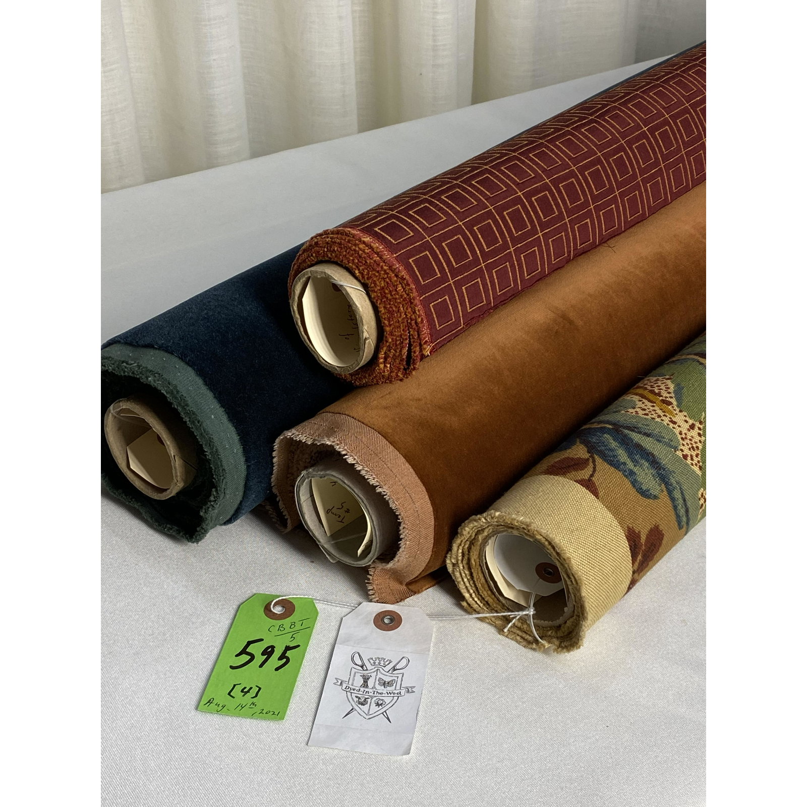 J.H. Thorpe, Rogers & Goffigon & Kravet Fabrics: 1) 2 1/4 yards of J.H. Thorpe's "Fox Hollow" linen and cotton print, 54" wide. Floral repeats of 27" vertical by 54" horizontal, half dropped across the full width. 2) 2 yards of Rogers & Goffigon's p