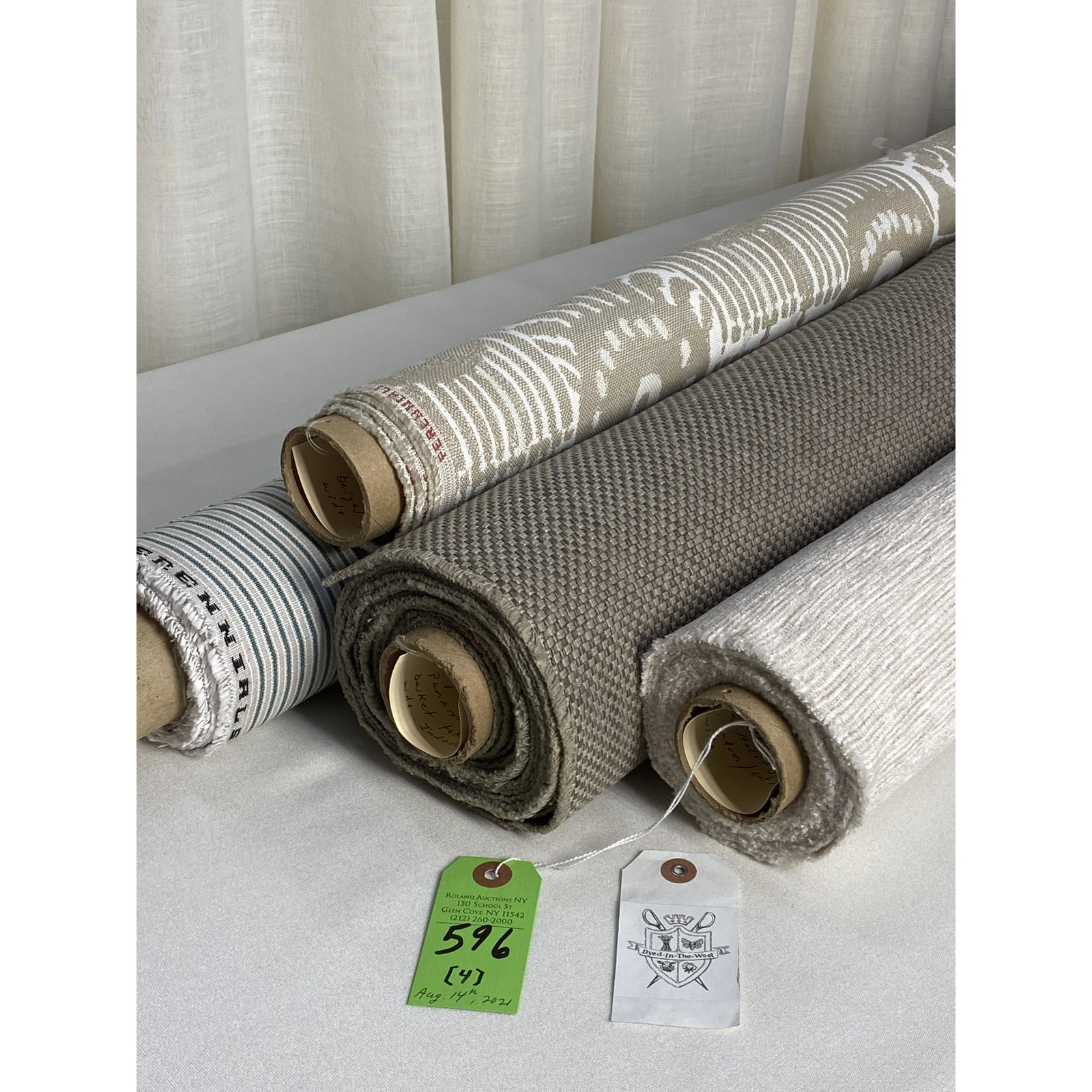 Holly Hunt, Baumann and Perennial Outdoor Fabrics: 1) 3 yards of Holly Hunt's "Roman Holiday", # 228/01, color "Marble", a horizontal testured chenille upholstery plain, using solution-dyed Sunbrella yarns. The 56" wide indoor/outdoor textile passes 5