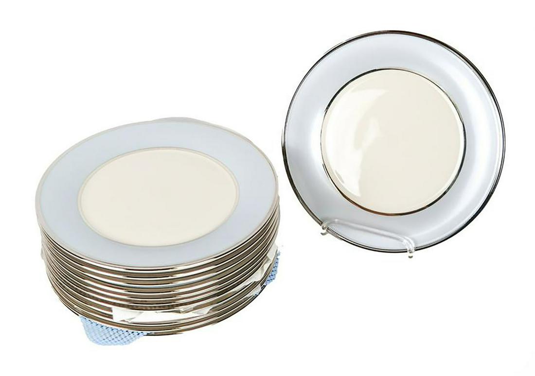 Twelve Lenox "Blue Frost" Dinner Plates: 12 Lenox "Blue Frost" bone china dinner plates (10 5/8" Diam.). In good condition; no chips, cracks, scratches or repairs.