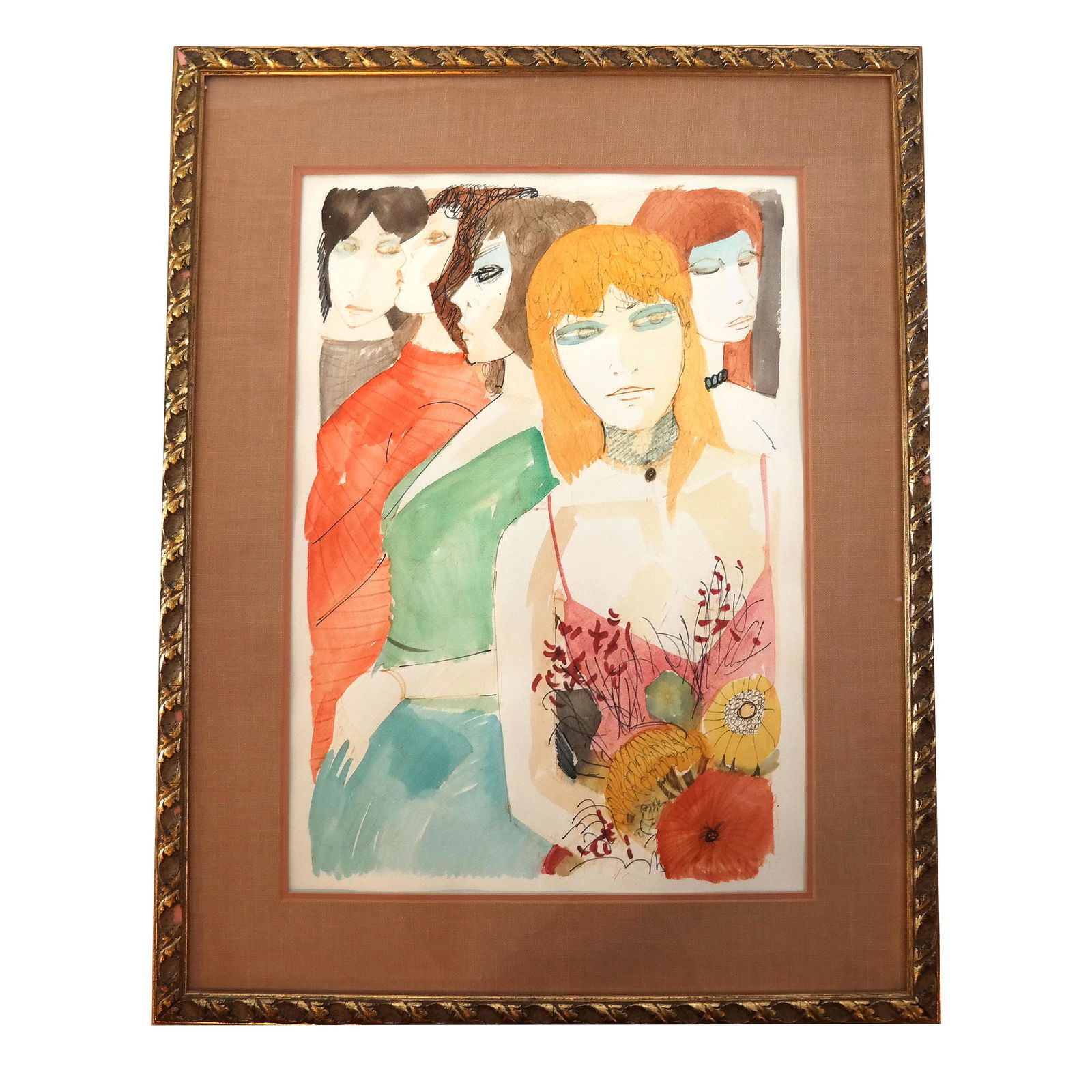 Style of Charles LEVIER: Women - W/C Painting: Watercolor painting of women in the style of Charles Levier. [Art: 22" H x 16" W; Frame: 33" H x 25" W]. In good condition.