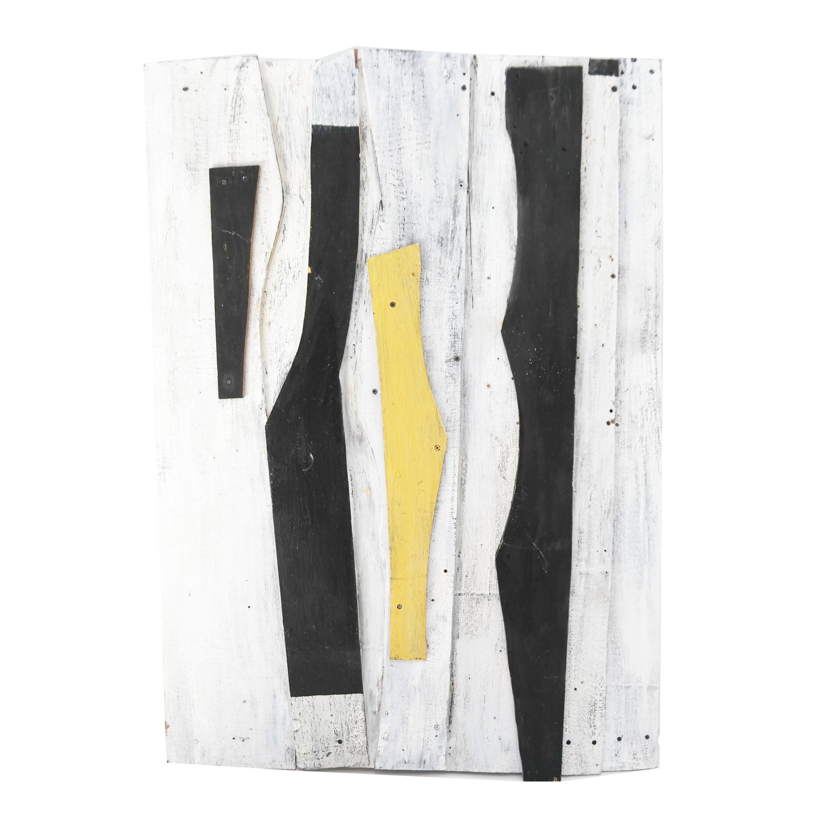 "Cat's Eye I" Variation, Painted Wood: Tony Rosenthal (American, 1914-2009). "Cat's Eye I" variation. Painted wood assemblage with white, yellow and black elements fastened with screws, unsigned, circa 2006. 48" H x 35" (121.9 x 88.9 cm.).