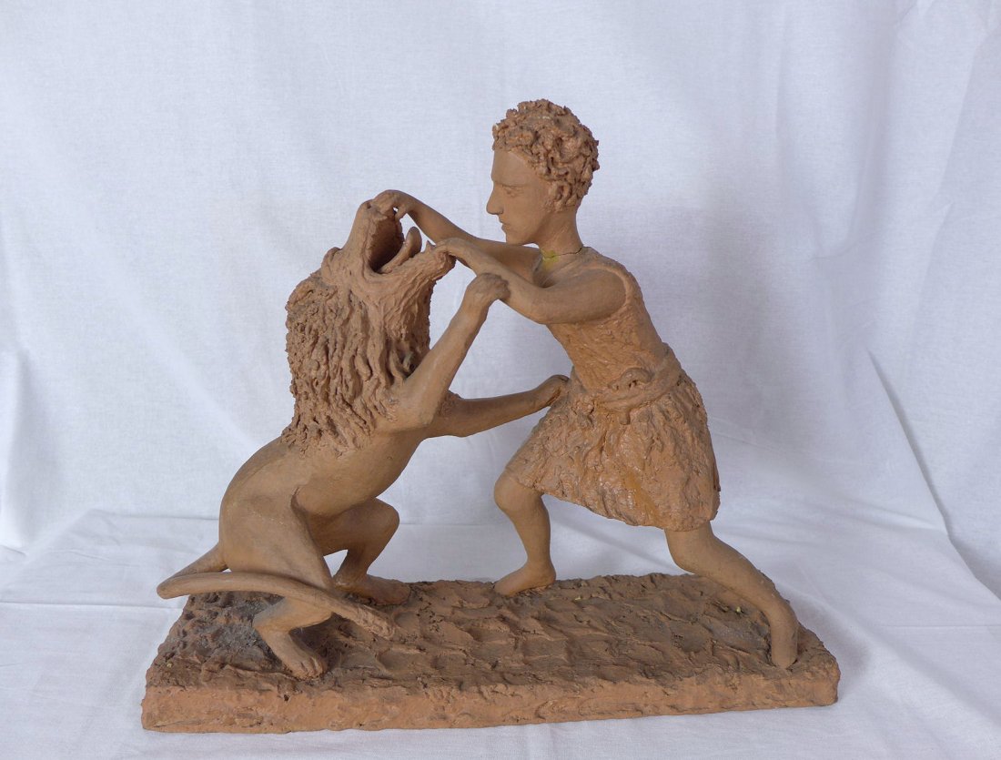 Modernist Terracotta Clay Sculpture Samson Lion: Modernist hand made clay sculpture. Depicts a warrior fighting a lion . Most likely Samson fighting the Lion from the Bible. Measures [17" w x 14.4" h]