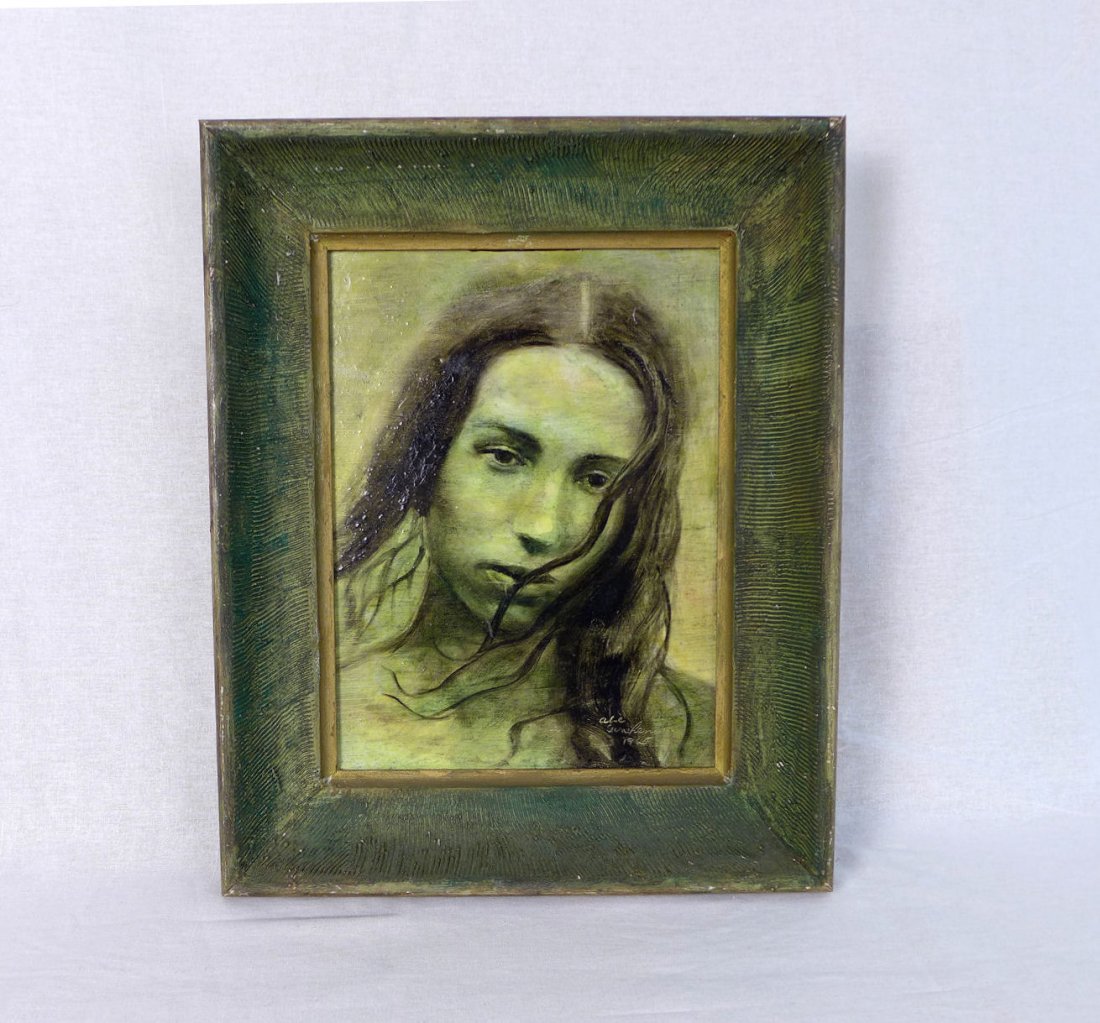 Abe Gershenow Surrealist Portrait Painting: Vintage 1960's oil painting on board. A surrealist Portrait of a mysterious woman in green hues. Signed and dated lower right " Abe Gershenow 1965" Painting [12" x 9"] frame [16.5" x 13"].