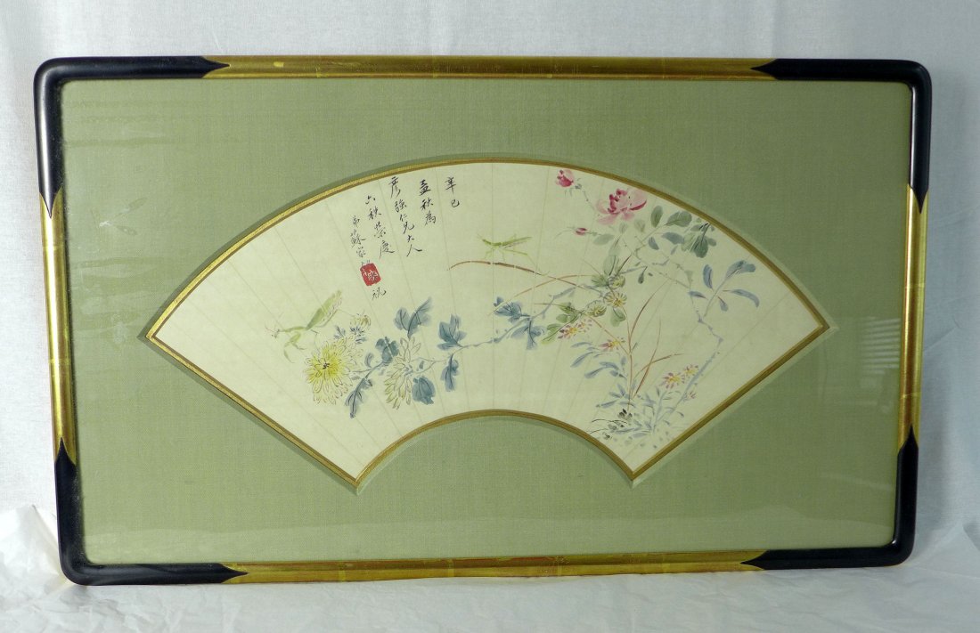 Chinese framed Hand painted Insect Fan (1 of 5)