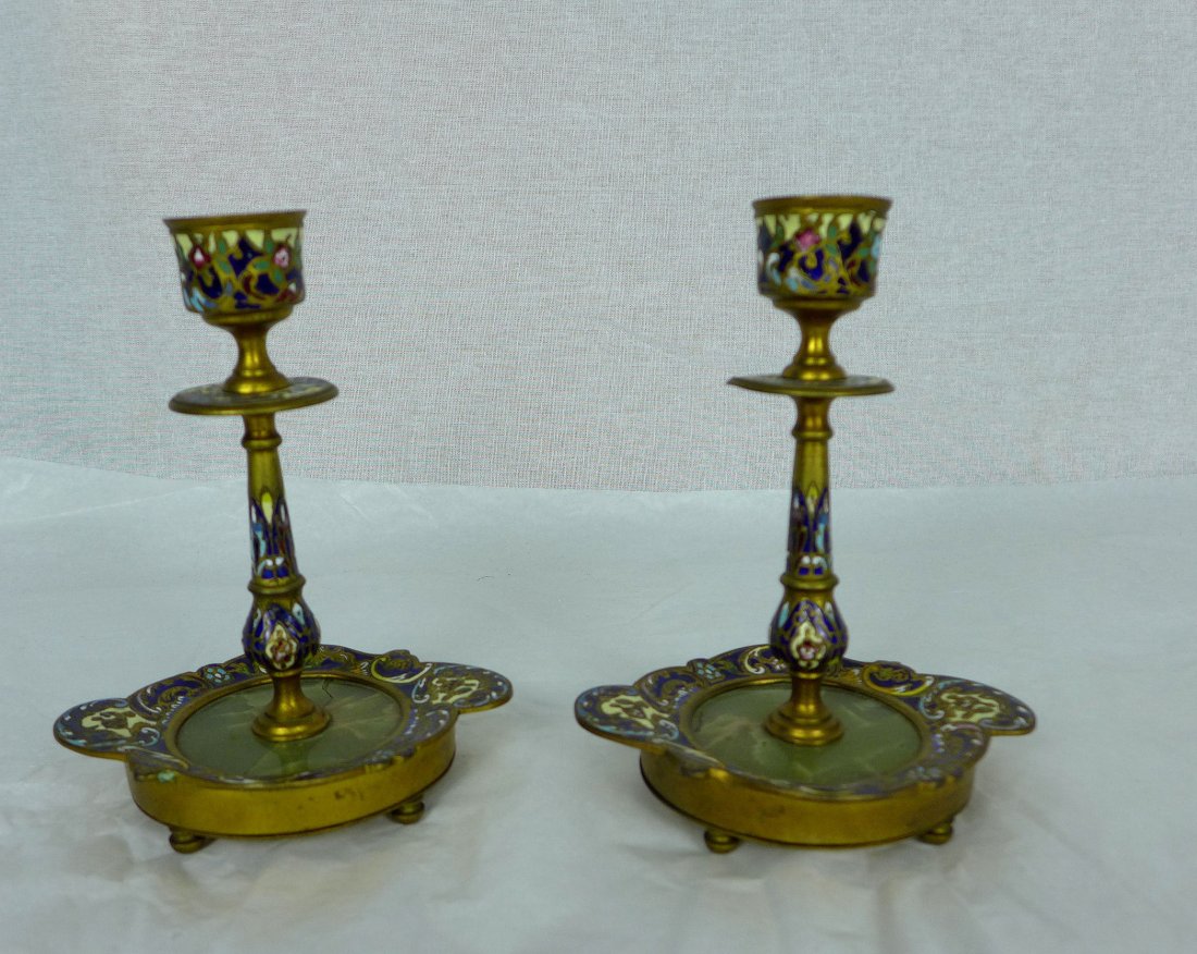 Antique French Champleve Enamel  Candlesticks (1 of 7)