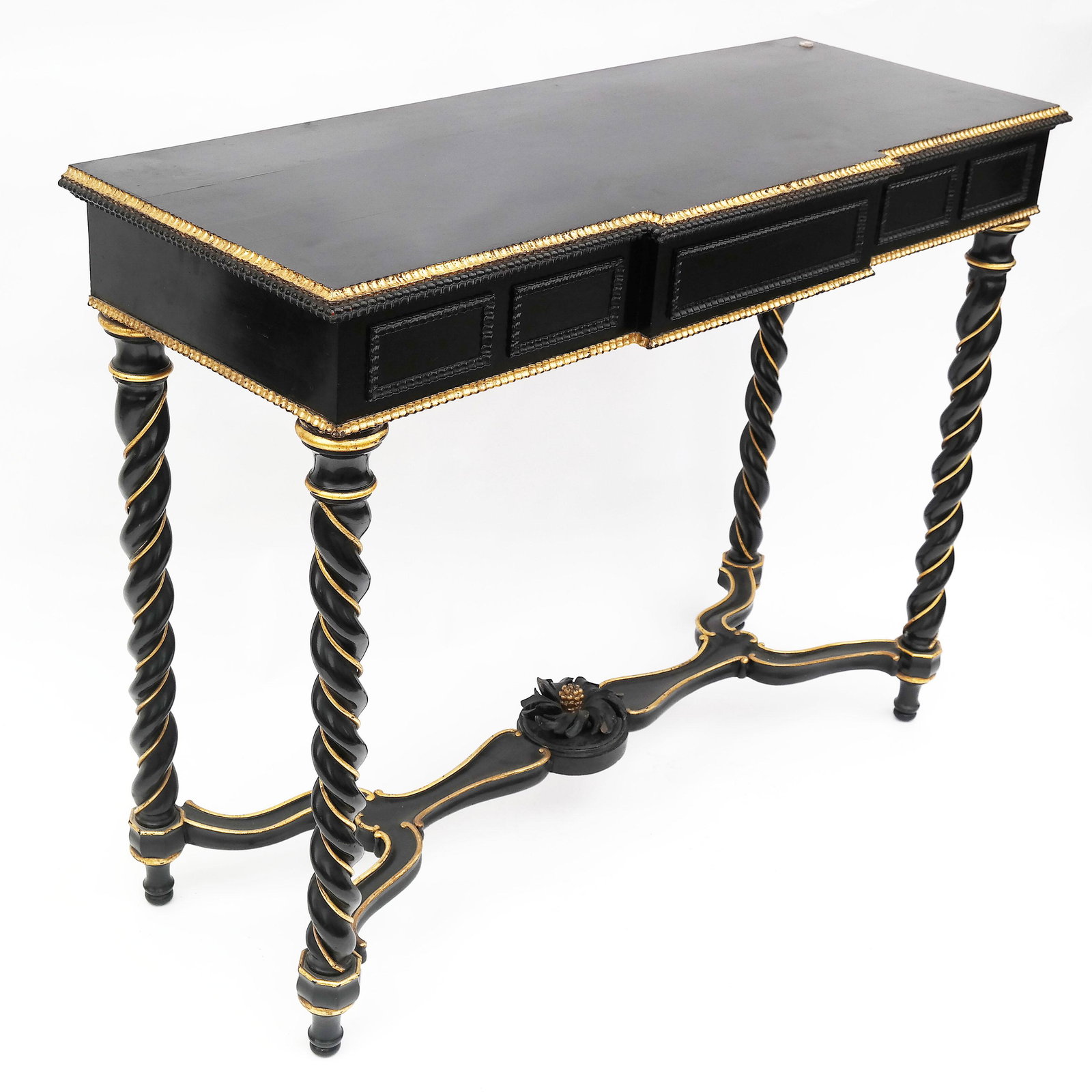 Regency Gilt Lacquer Console: 19th century black lacquer twist form console with gilt trim. Provenance: Sotheby's Jan.17,2018, lot 19. [34" H x 43" W x 16 1/2" D]. Losses to carving on stretcher.