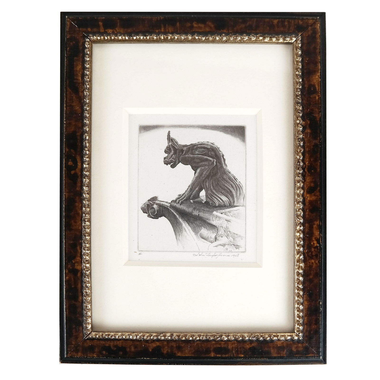 John Taylor ARMS, Jr.: Gargoyle - Etching on Paper: Etching on paper of a gargoyle similar to the one on the Chrysler Building in NYC, signed and dated 1948 in the sheet, lower right, by John Taylor Arms, Jr. (American, 1887-1953), matted, in an easel