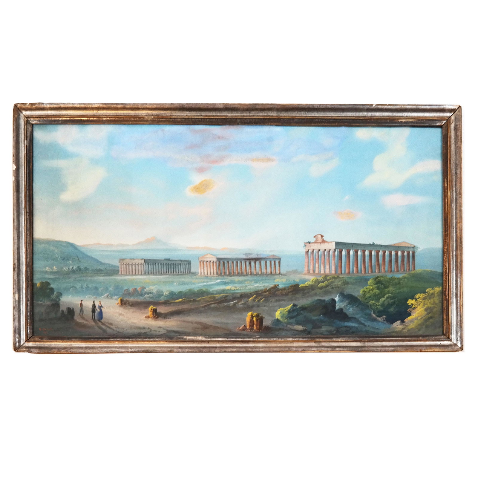 G. OPONTI: "Pompeii" - Gouache Painting, 1880: The Ruins of Three Templates at Paestum in Southern Italy, late 19th century watercolor, signed lower left "G. Oponti / Pompeii / 1883". Paestum was located on the Tyrrhenian Sea in Magna Gracia, pres