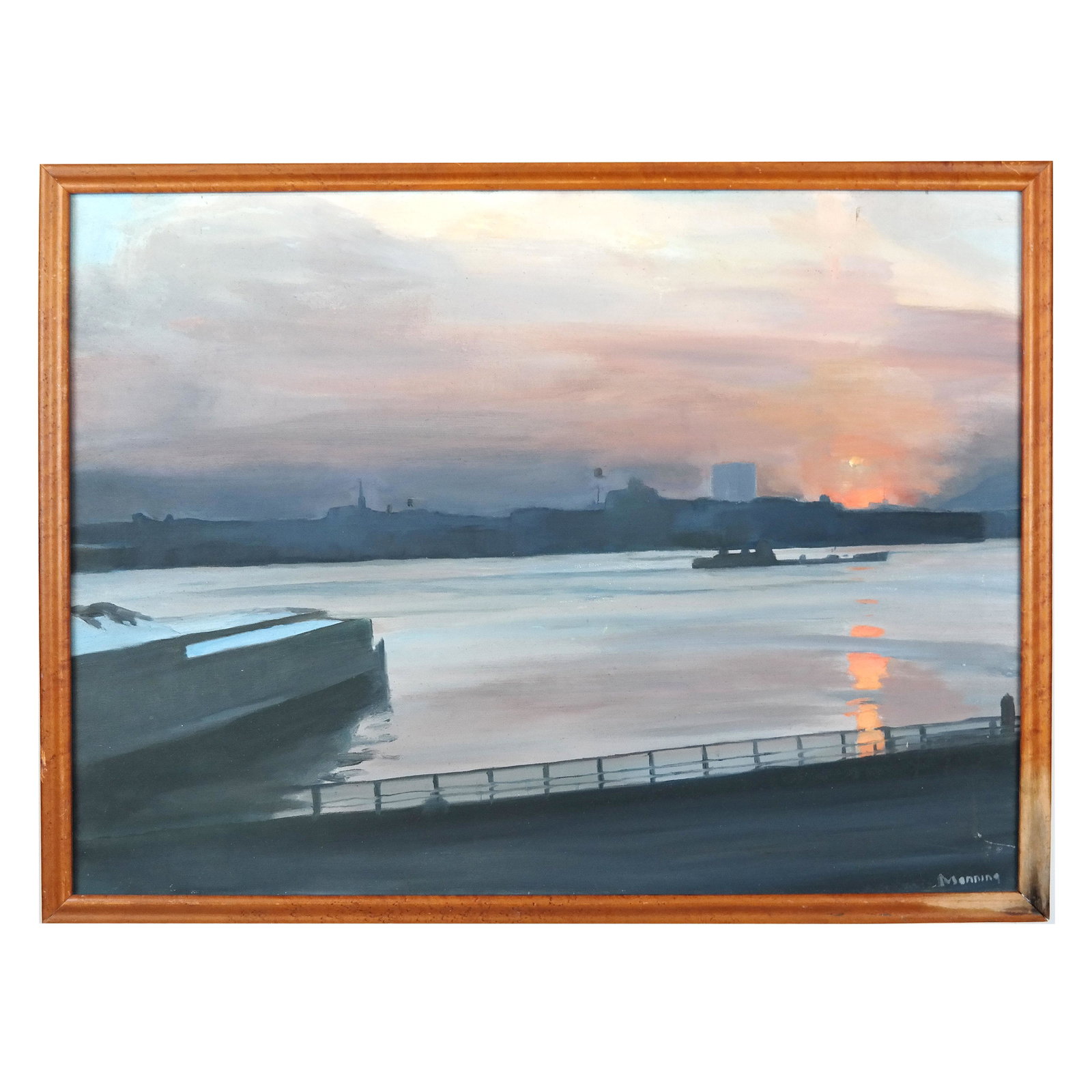 MANNING: Harbor Scene - Oil Painting: Oil on canvas painting of a harbor at sunset, signed lower right. [Art: 24" H x 32" W; Frame: 25 3/4" H x 34" W]. In good condition.