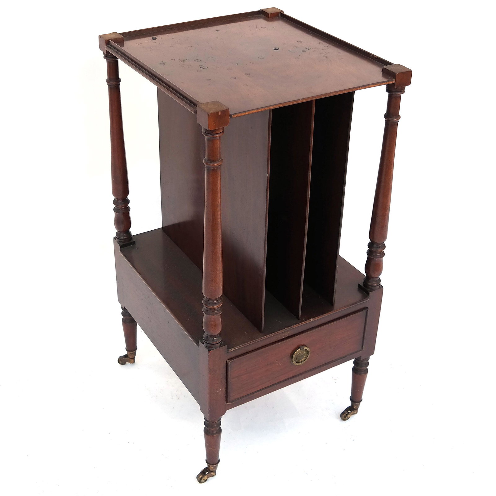 Vintage Mahogany Magazine Stand: Magazine stand with one drawer, on casters. [26" H x 14" W x 12 3/4" D]. Wear to top.