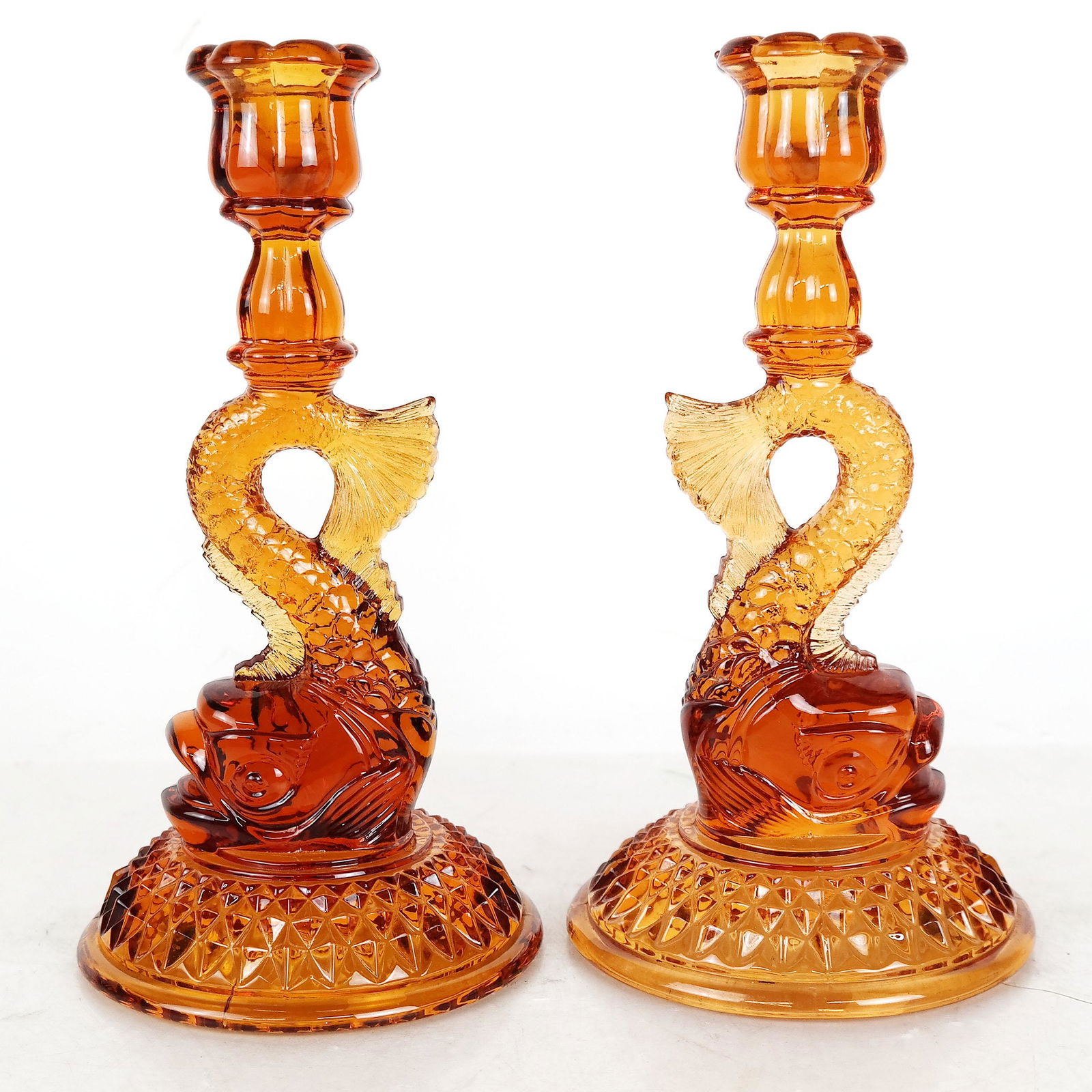 Pair Dolphin-Form Amber Glass Candlesticks (1 of 6)