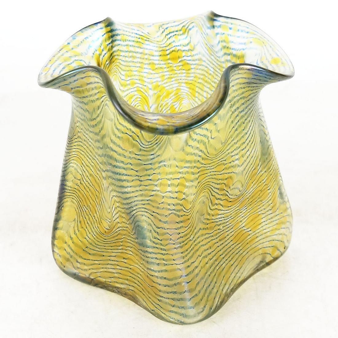 Loetz-Manner Art Glass Vase: Loetz-manner art glass vase, no signature found. [5" H x 3 5/8" W x 3 5/8" D]. In good condition.