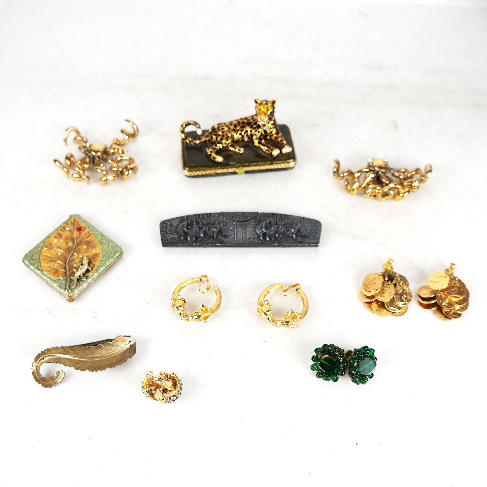 Lot of Costume Jewelry: Petit Tresor boxes, two Miriam Haskell items, earrings and a comb.