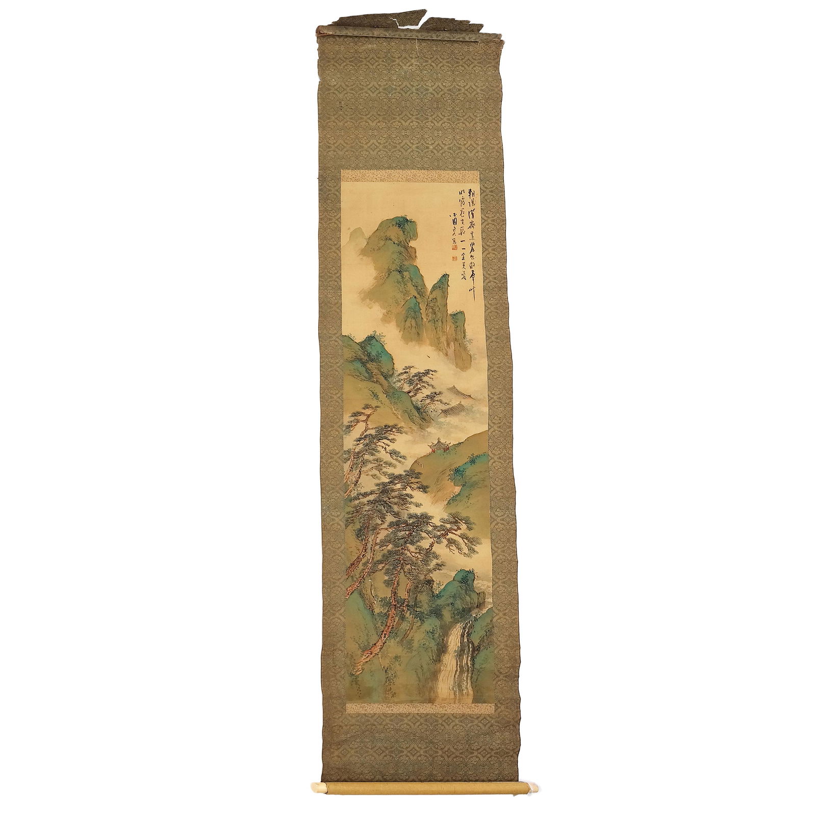 Chinese Scroll Cloth Mounted on Cloth: Painted mountain landscape, signed and chop mark upper right. [Scroll: 48" H x 19" W; Mount: 60" H x 19" W].