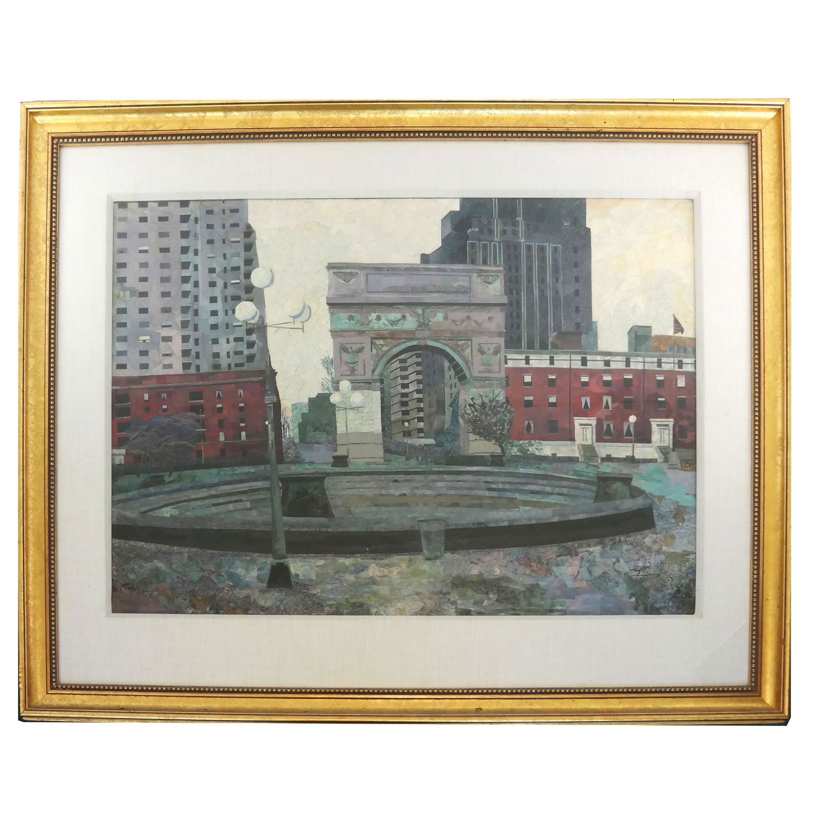 Washington Square Arch - Collage: Collage of the Arch in Washington Square Park on Fifth Avenue, NYC signed illegibly lower right. [Art: 21" H x 29" W; Frame: 32" H x 39" W].
