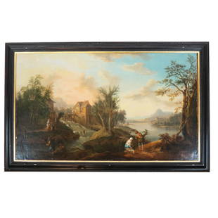 J.-B. LALLEMAND: Figural Landscape - Oil Painting: 18th century oil painting of landscape with figures, signed lower right and dated 1745, by Jean-Baptiste Lallemand (French, 1710-1803). [Sight: 29" H x 49 1/4" W; Frame: 37" H x 57 1/4" W]. In good co