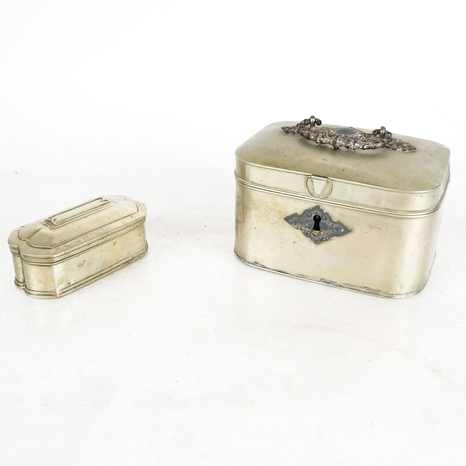 French Necessaire Box, And Tin Box: Necessaire with interior compartments [5" H x 7" W x 5" D] together with a smaller box.