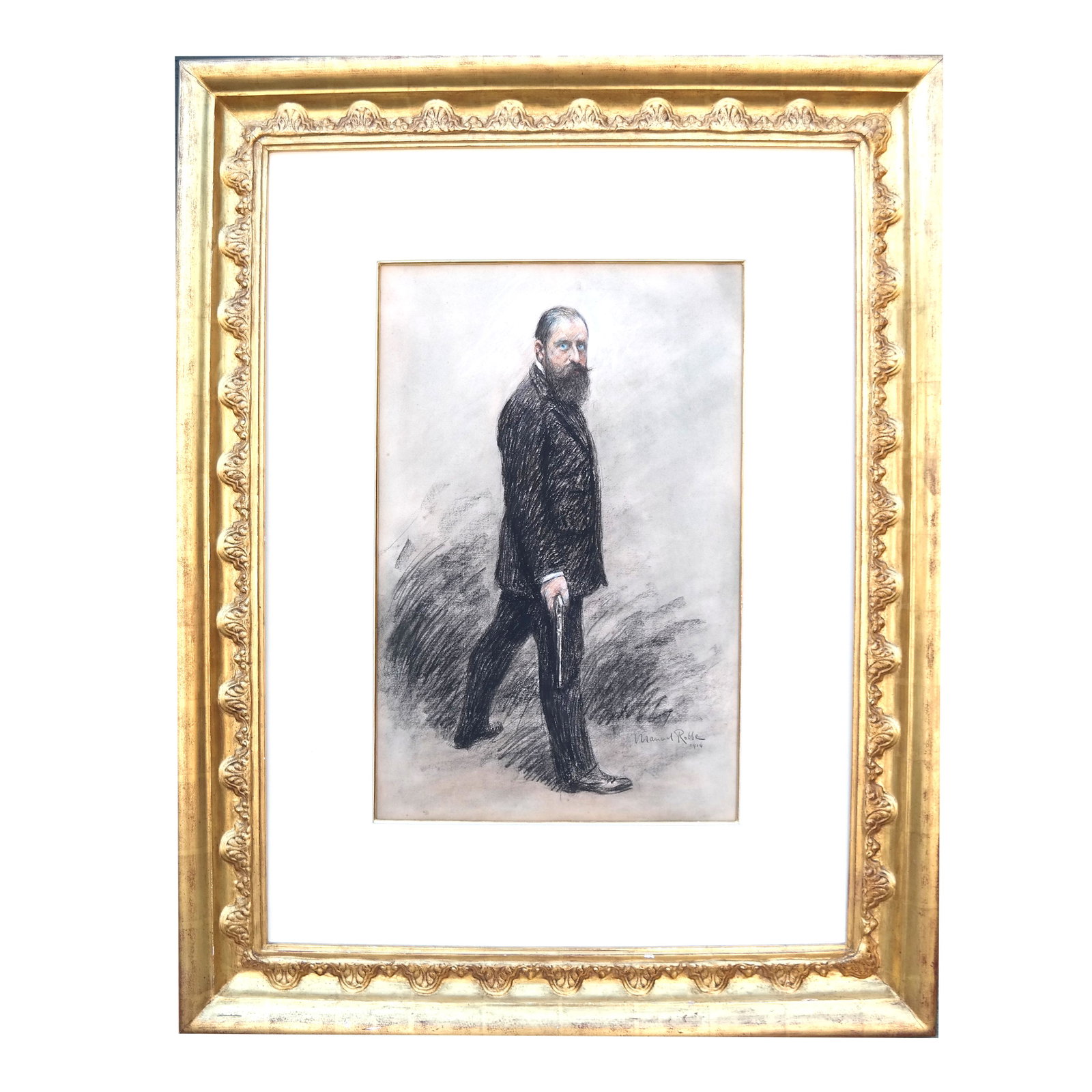 Manuel ROBBE: The Duelist - Charcoal & Pastel: Charcoal and pastel painting of a gentleman holding a pistol at his side. Signed lower right "Manuel Robbe / 1914", in carved gilt frame. [Sight: 22 1/2" H x 15" W; Frame: 40" H x 32" W]. In good cond