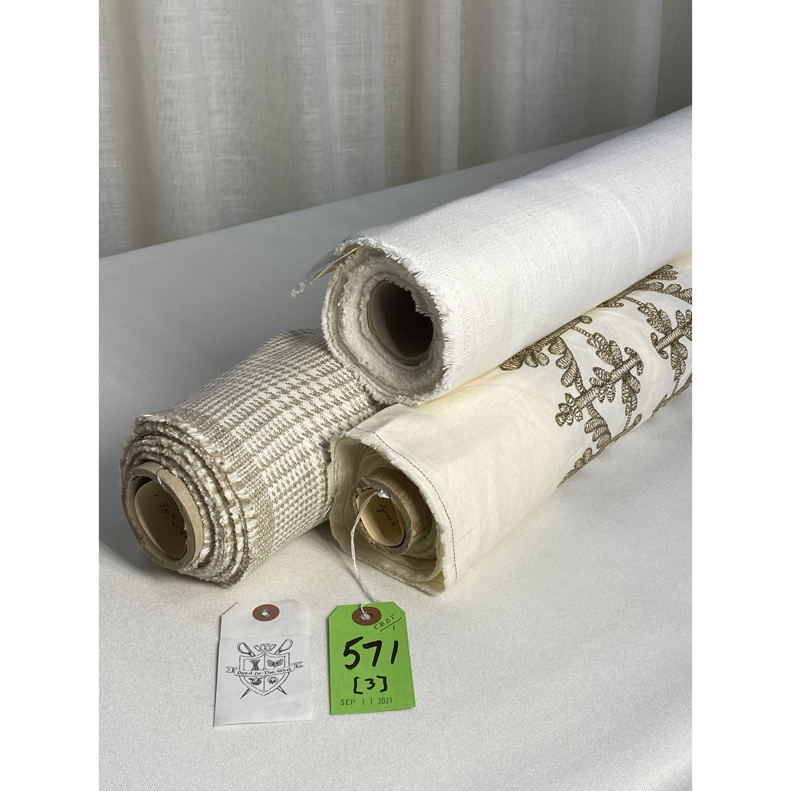 Colefax & Fowler, C & C Milano and Belgium Fabrics: 1) 5 1/8 yards of Colefax & Fowler exclusive embroidered tan on ivory linen, "Porto", in color "Sand", item #11381-01, 53 1/2" wide. Vertical repeat of 4" by 13 1/2" horizontal repeat. Each embroidere