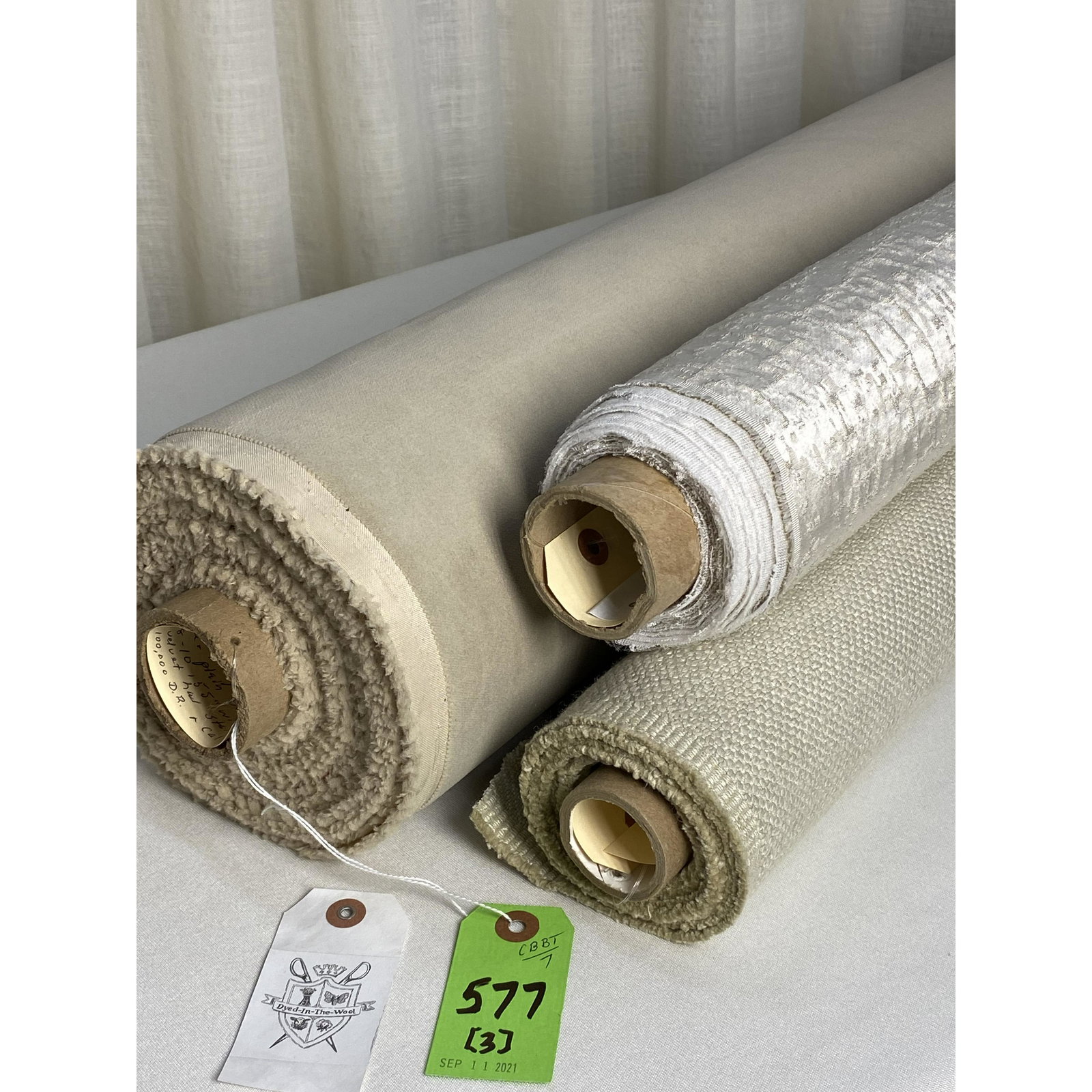 Carnegie, Brunschwig and Cowtan Fabrics: 1) 11 yards of Carnegie's "Maxim" beige velvet, item #6188-10, 55" wide. The performance polyester upholstery has a stain repellency, passes 100,000 Wyzenbeck double rubs and Cal. 117. 2) 3 1/2 yards