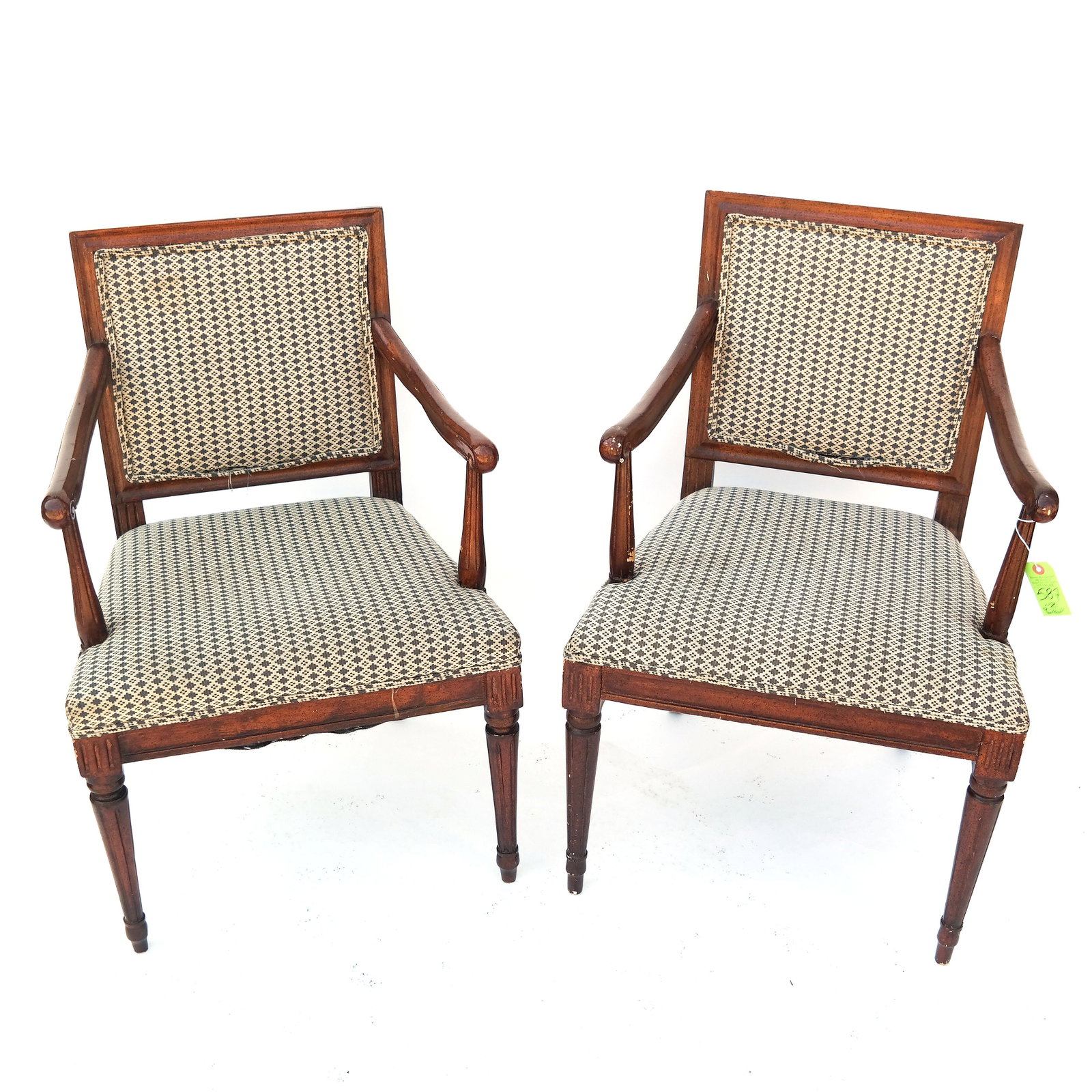 Pair French-Style Open Arm Chairs: Pair of French-style open arm chairs. [34" H x 22" W x 20" D; 17" to seat].
