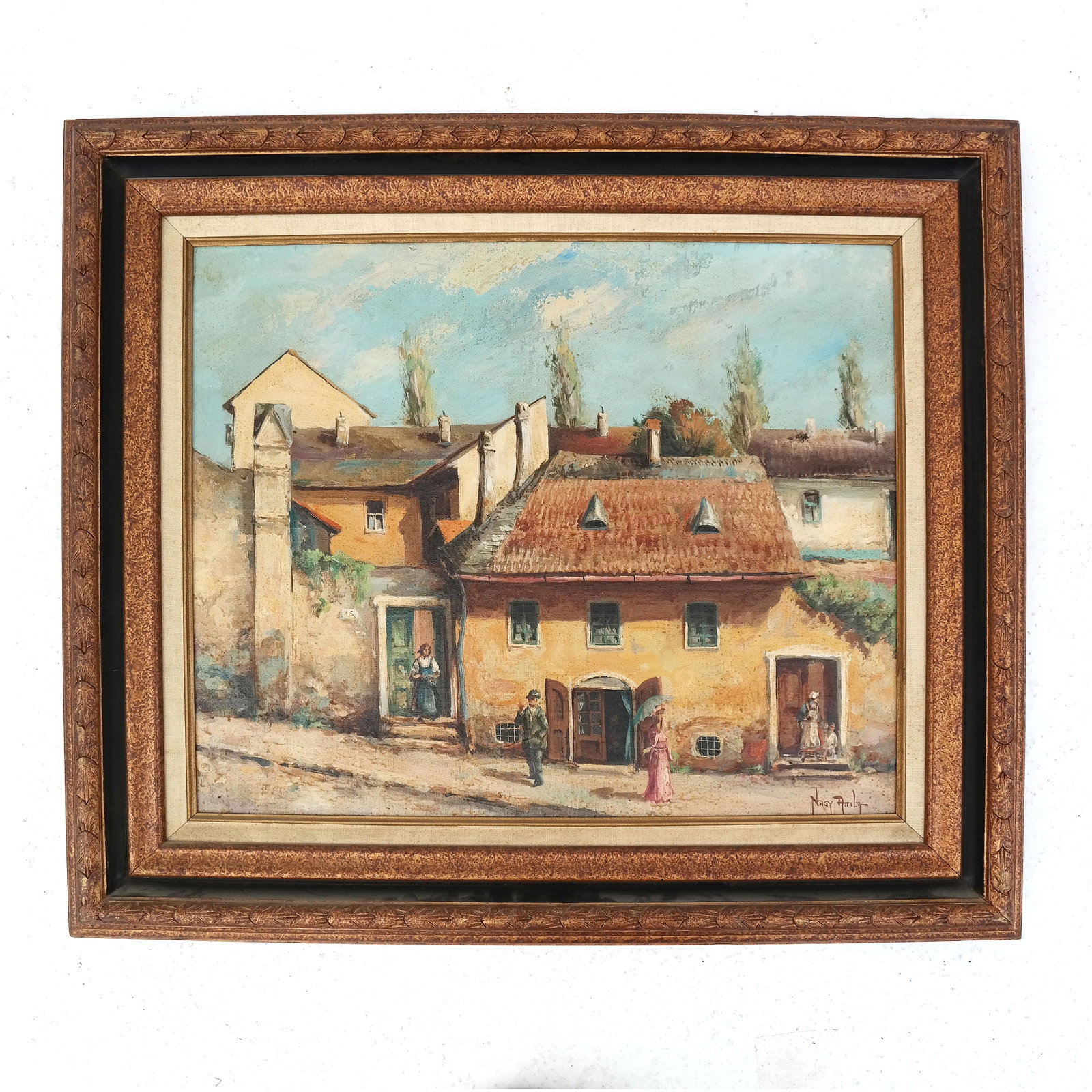 NAGY ATTILA: Village Scene - Oil Painting: Village scene with figures, in oil on canvas, by Nagy Attila (Hungarian, b. 1928), signed. [Art: 20" H x 24" W; Frame: 28 1/2" H x 32 1/2" W]. In good condition.