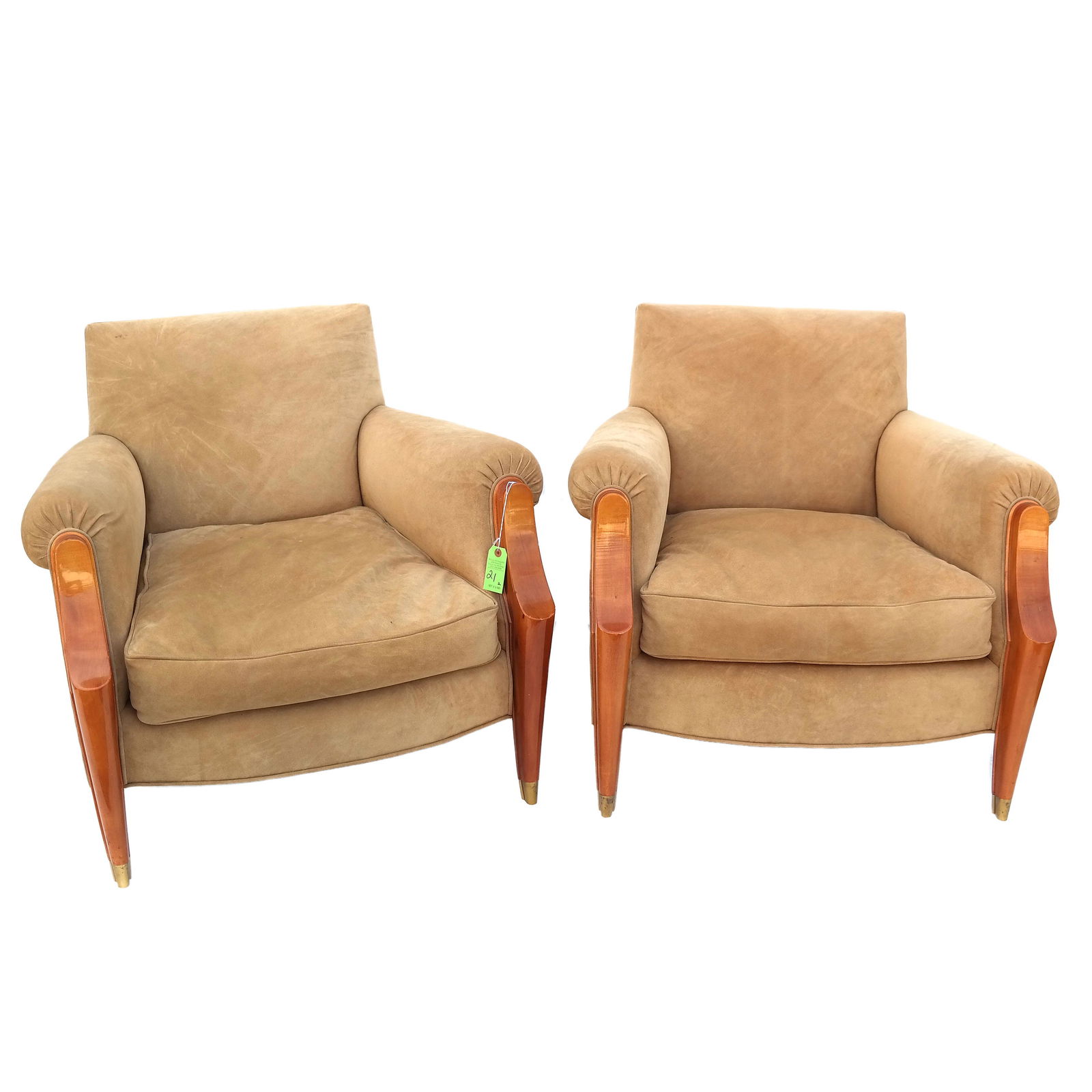 Pair of Modern Mahogany & Suede Arm Chairs (1 of 16)
