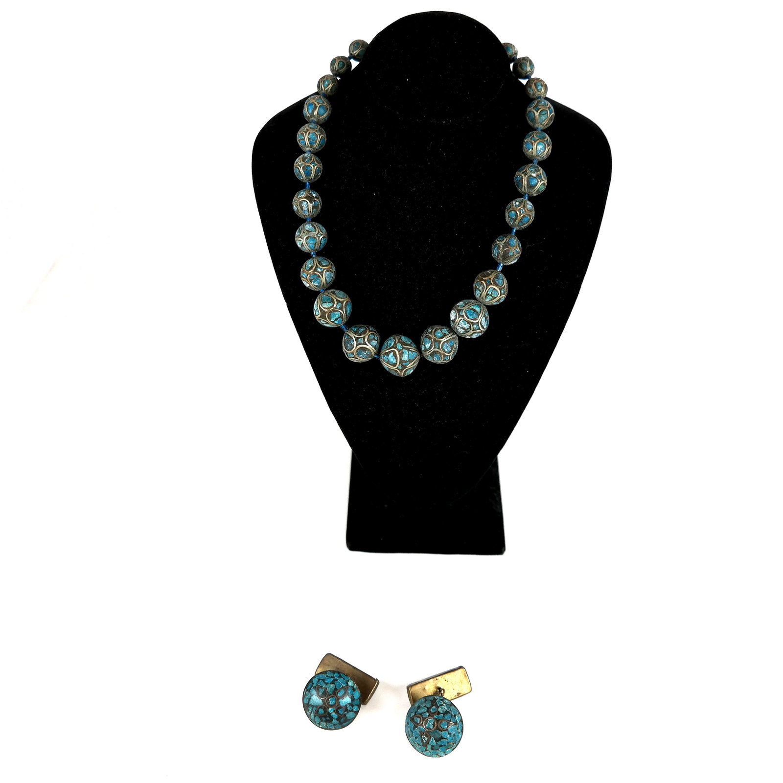 Tibetan Turquoise & Brass Necklace & Cuff Links: Tibetan turquoise and brass necklace / choker, together with a pair of cuff links. Necklace: 16" long.