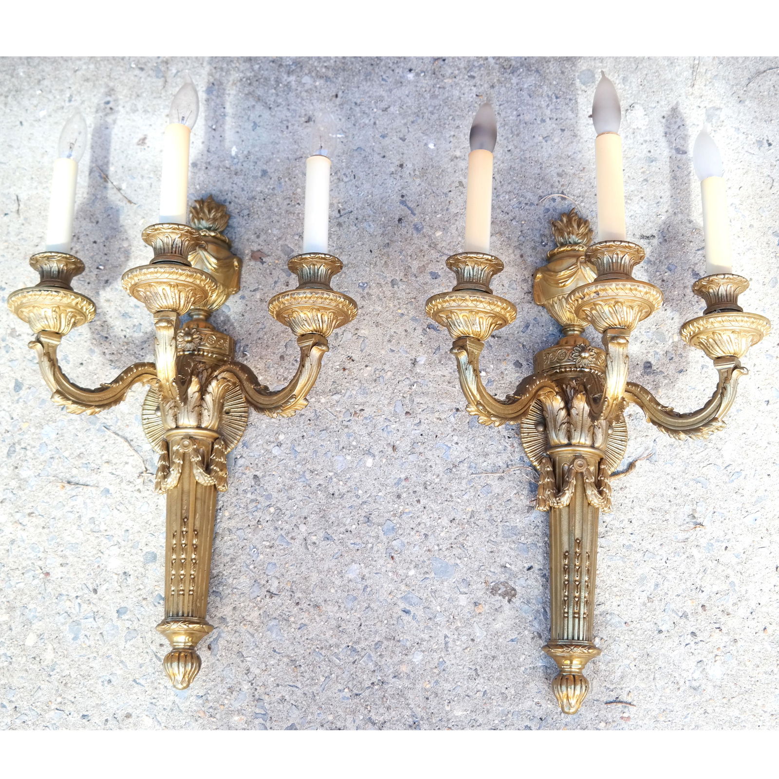 Pair French Bronze 3-Arm Wall Sconces (1 of 8)