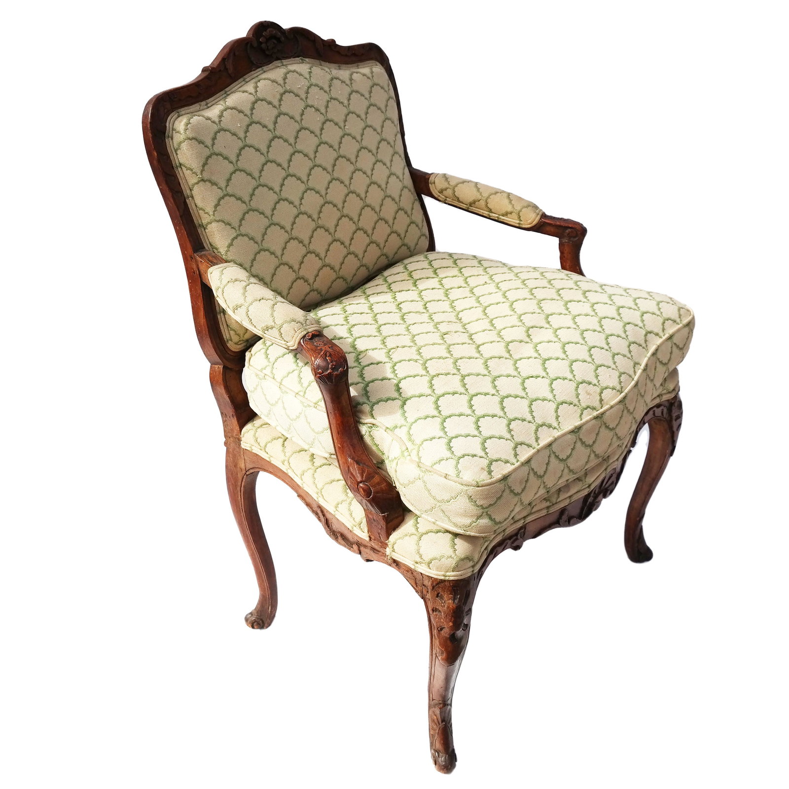 Carved Walnut Louis XV-Style Arm Chair: Carved walnut arm chair. Provenance: Estate of Roger Prigent - Malmaison. [36" H x 26" W x 19 1/2" D]. Upholstery and cushion with wear.