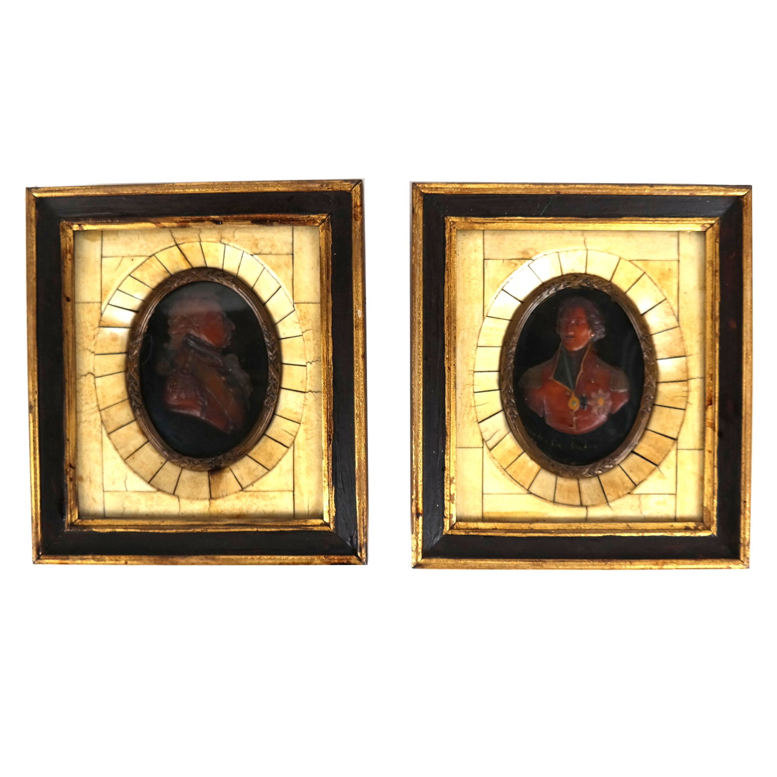 Pair Framed Antique Wax Busts of Men: Sir Sidney Smith and Lieutenant William Hill, in bone and wood frames. [7" H x 6" W].